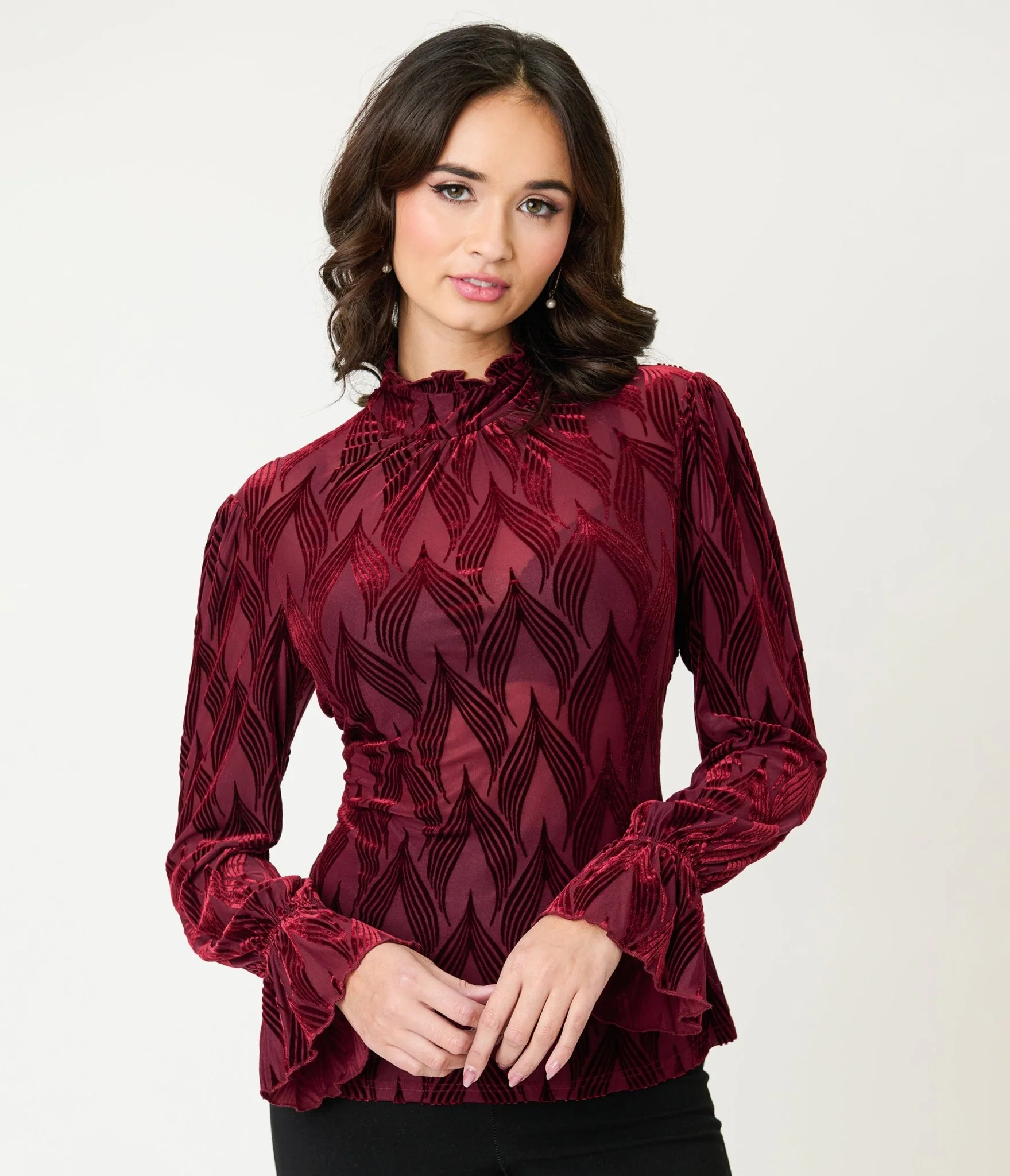 Unique Vintage Burgundy Leaf Velvet Burnout Donna Blouse - Image 3