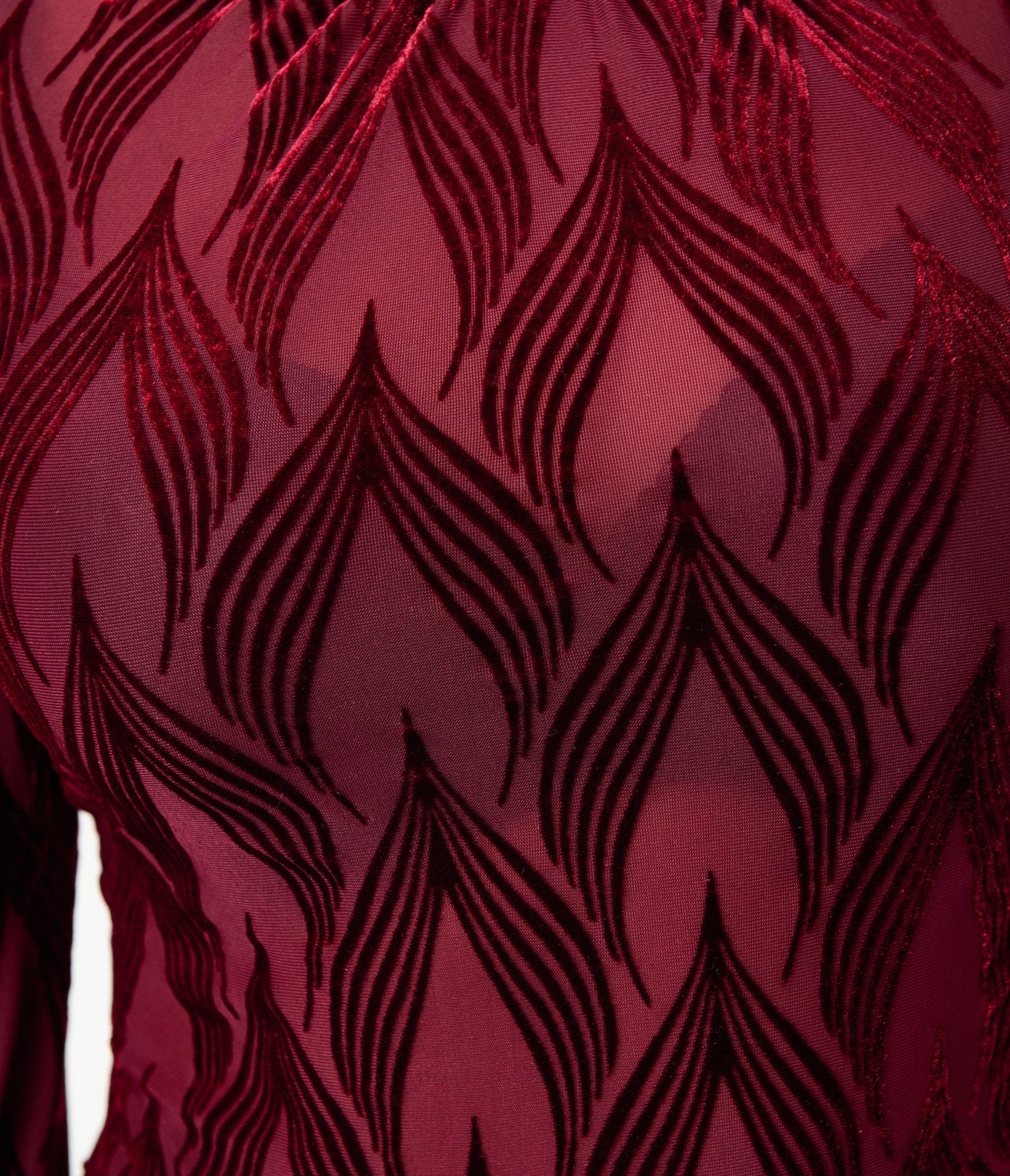 Unique Vintage Burgundy Leaf Velvet Burnout Donna Blouse - Image 4