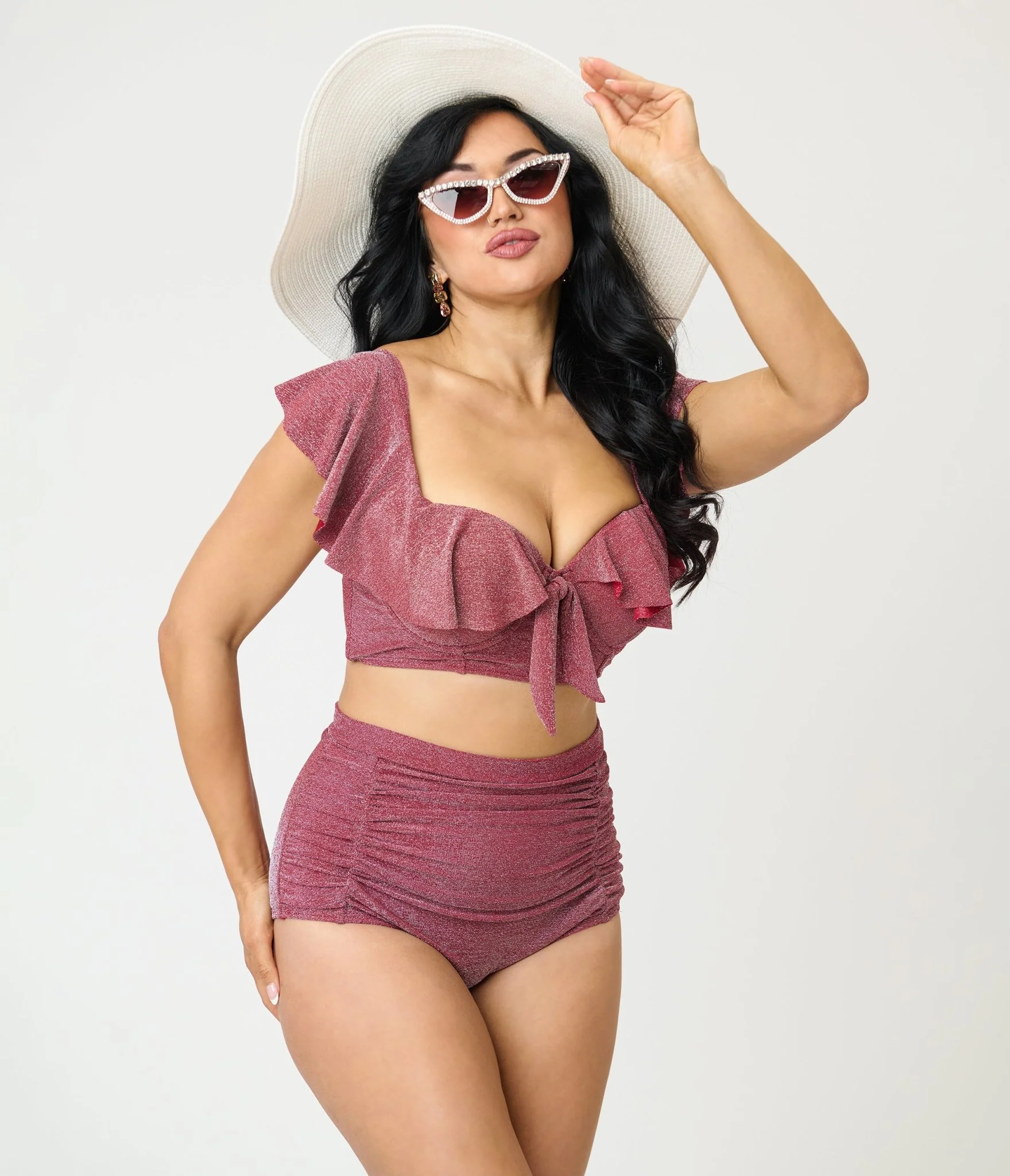 Unique Vintage Burgundy Lurex Monroe High Waist Bikini Bottom