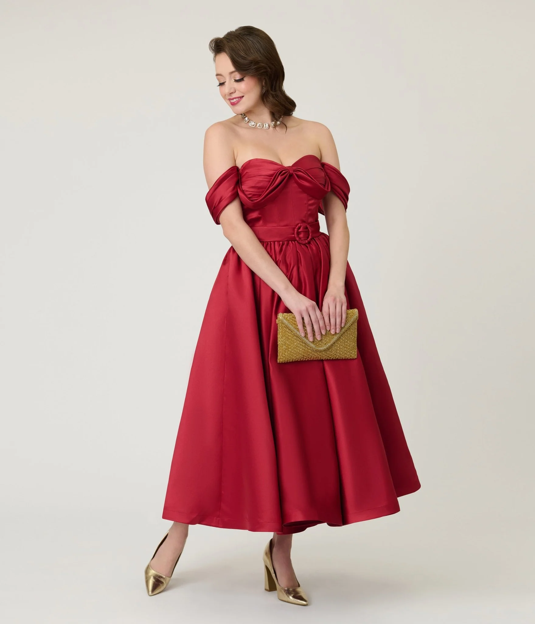 Unique Vintage Burgundy Off The Shoulder Tea Length Gown - Image 3