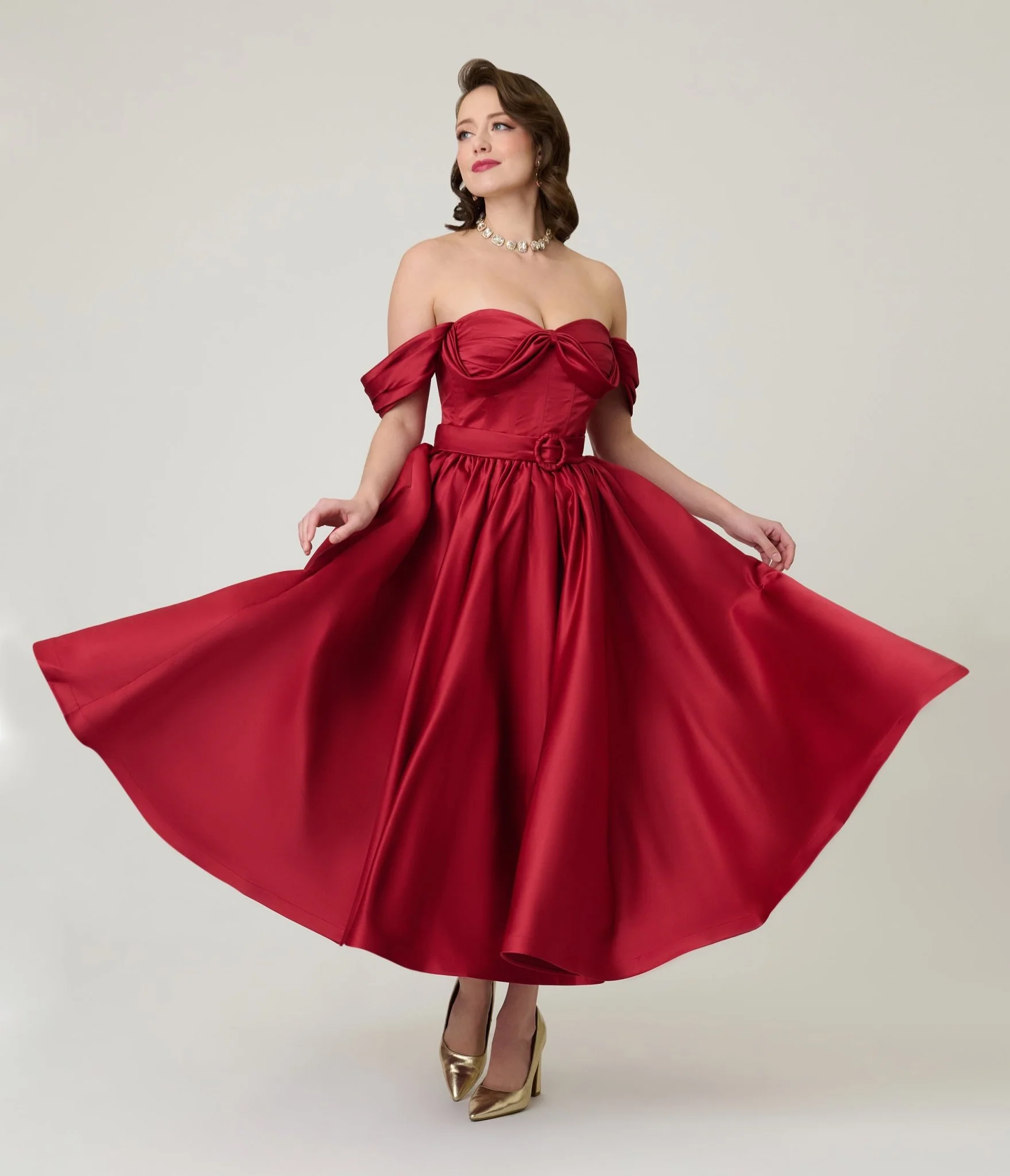 Unique Vintage Burgundy Off The Shoulder Tea Length Gown - Image 4
