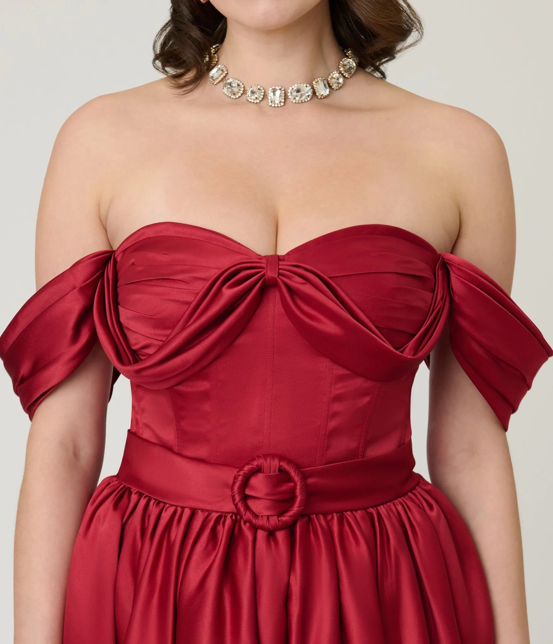 Unique Vintage Burgundy Off The Shoulder Tea Length Gown - Image 5