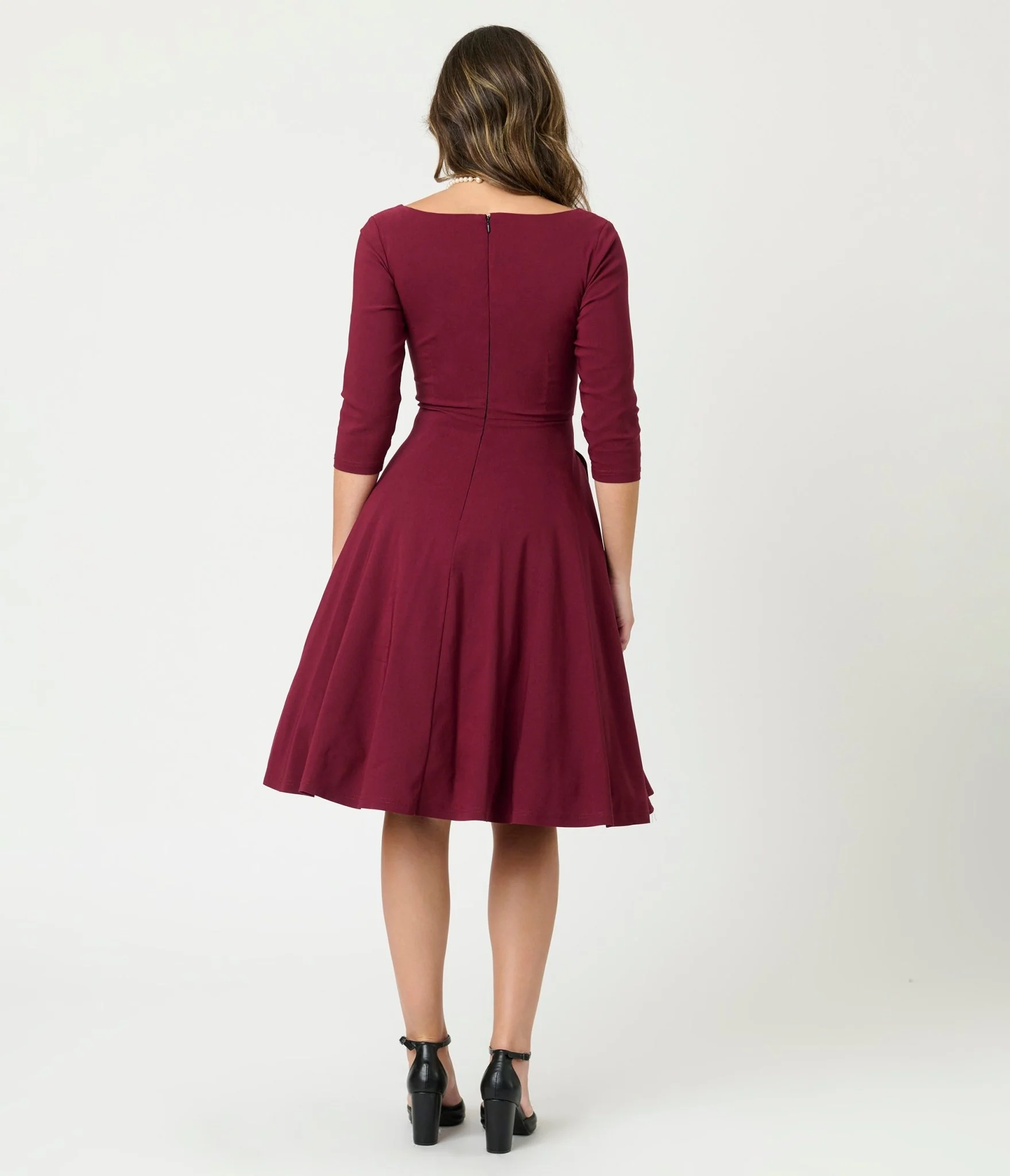 Unique Vintage Burgundy Pleated Bust Swing Dress - Image 2