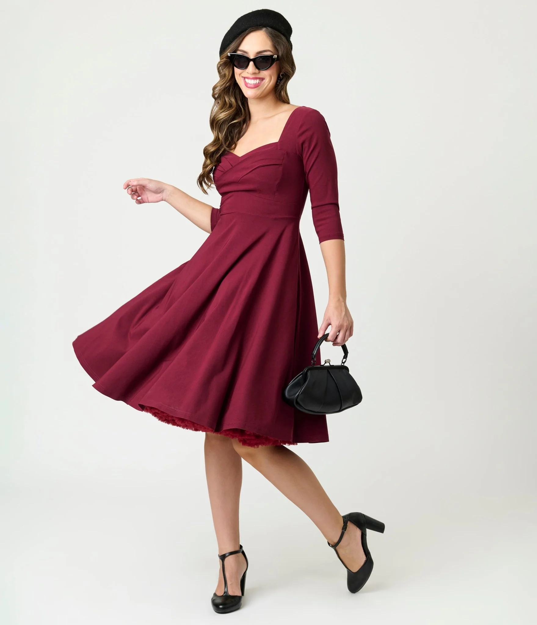 Unique Vintage Burgundy Pleated Bust Swing Dress - Image 3