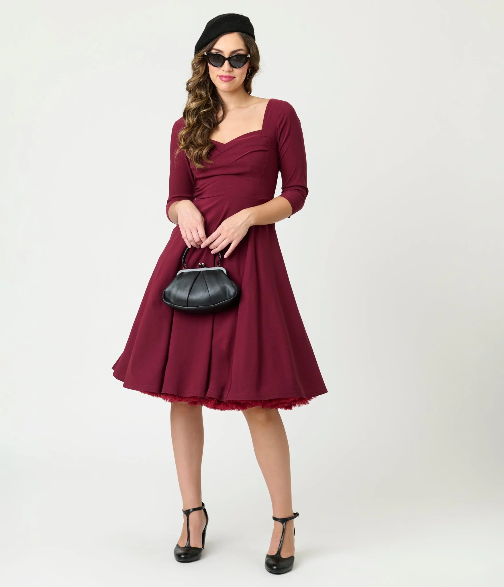 Unique Vintage Burgundy Pleated Bust Swing Dress - Image 5