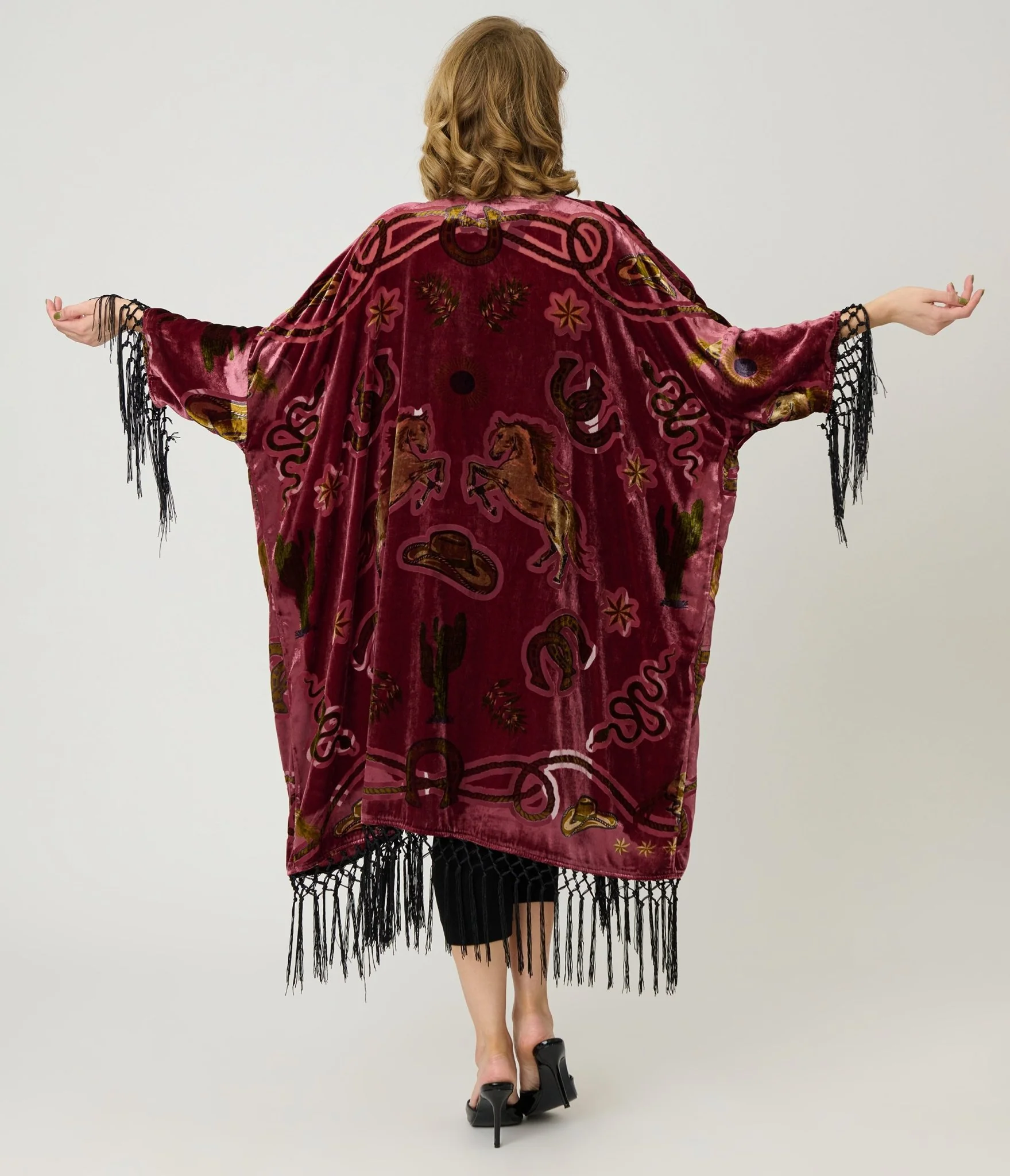 Unique Vintage Burgundy Western Burnout Velvet Fringe Kimono
