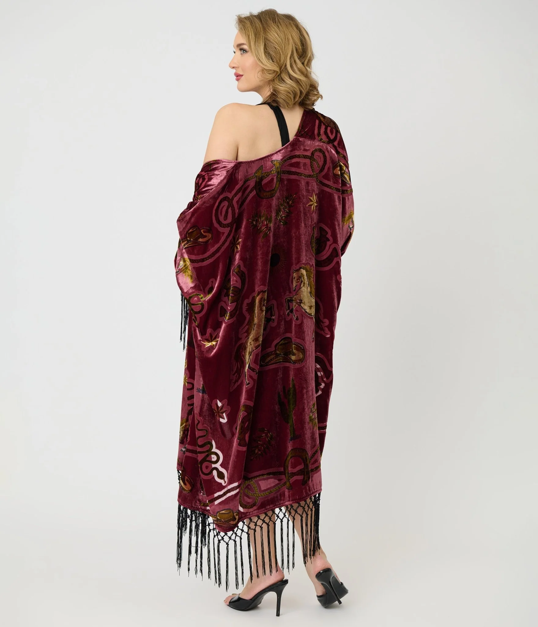 Unique Vintage Burgundy Western Burnout Velvet Fringe Kimono - Image 2