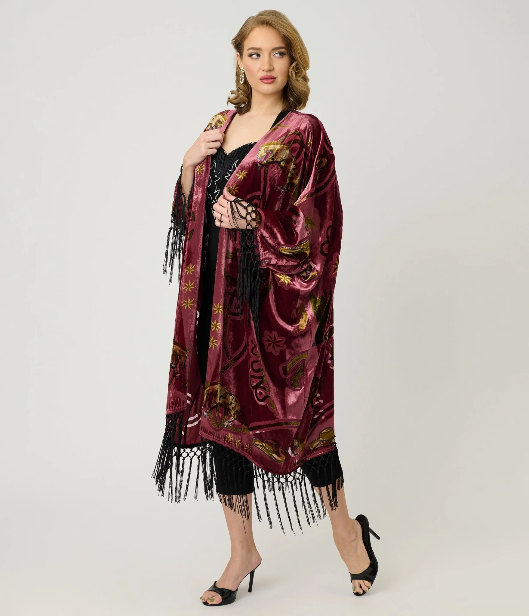 Unique Vintage Burgundy Western Burnout Velvet Fringe Kimono - Image 3