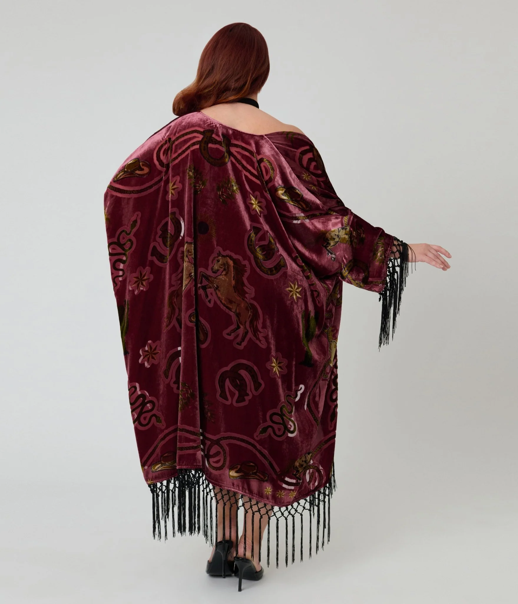 Unique Vintage Burgundy Western Burnout Velvet Fringe Kimono - Image 4