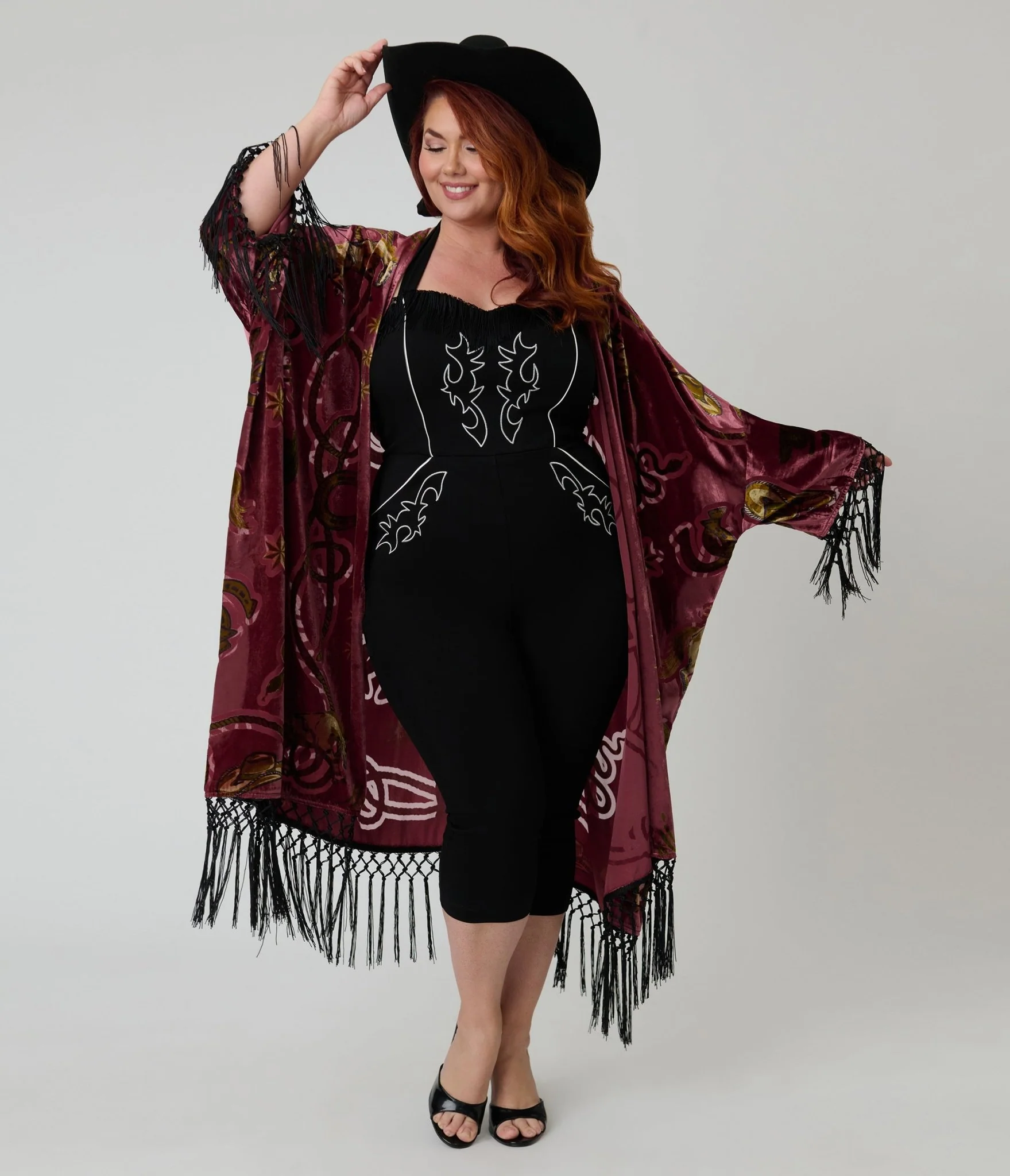 Unique Vintage Burgundy Western Burnout Velvet Fringe Kimono - Image 5