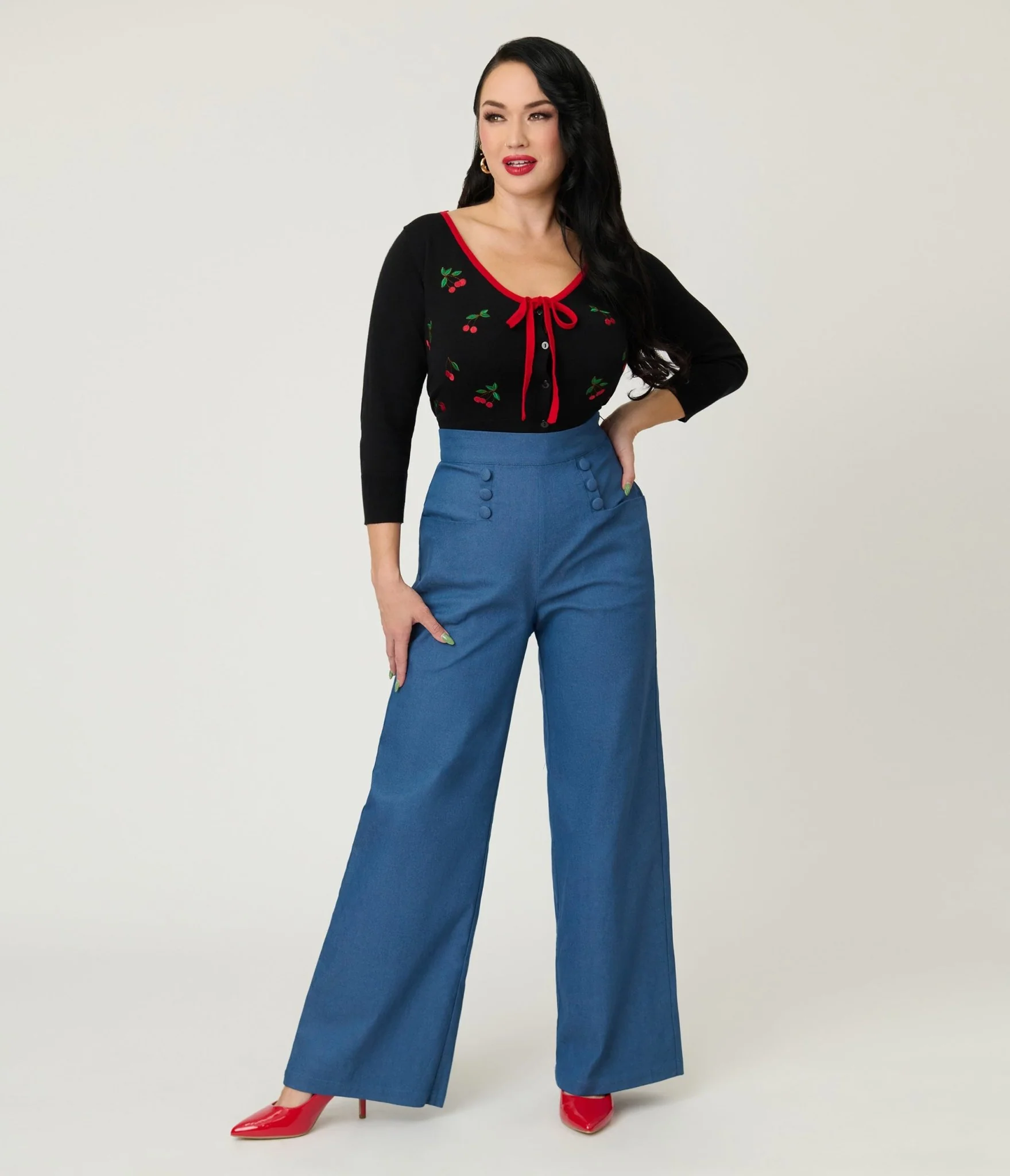 Unique Vintage Chambray High Waist Sailor Ginger Pants