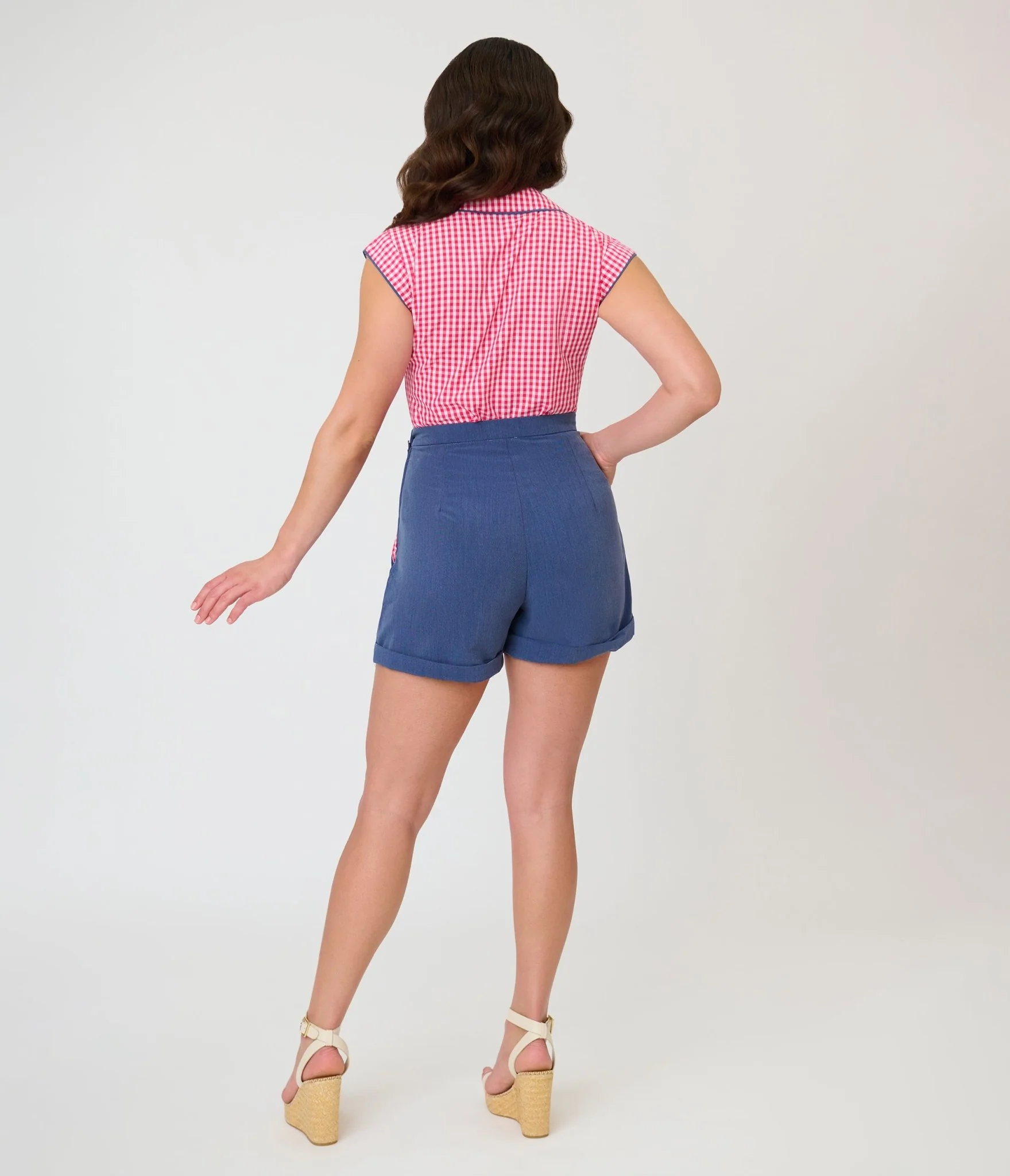 Unique Vintage Chambray & Hot Pink Gingham High Waist Shorts - Image 3