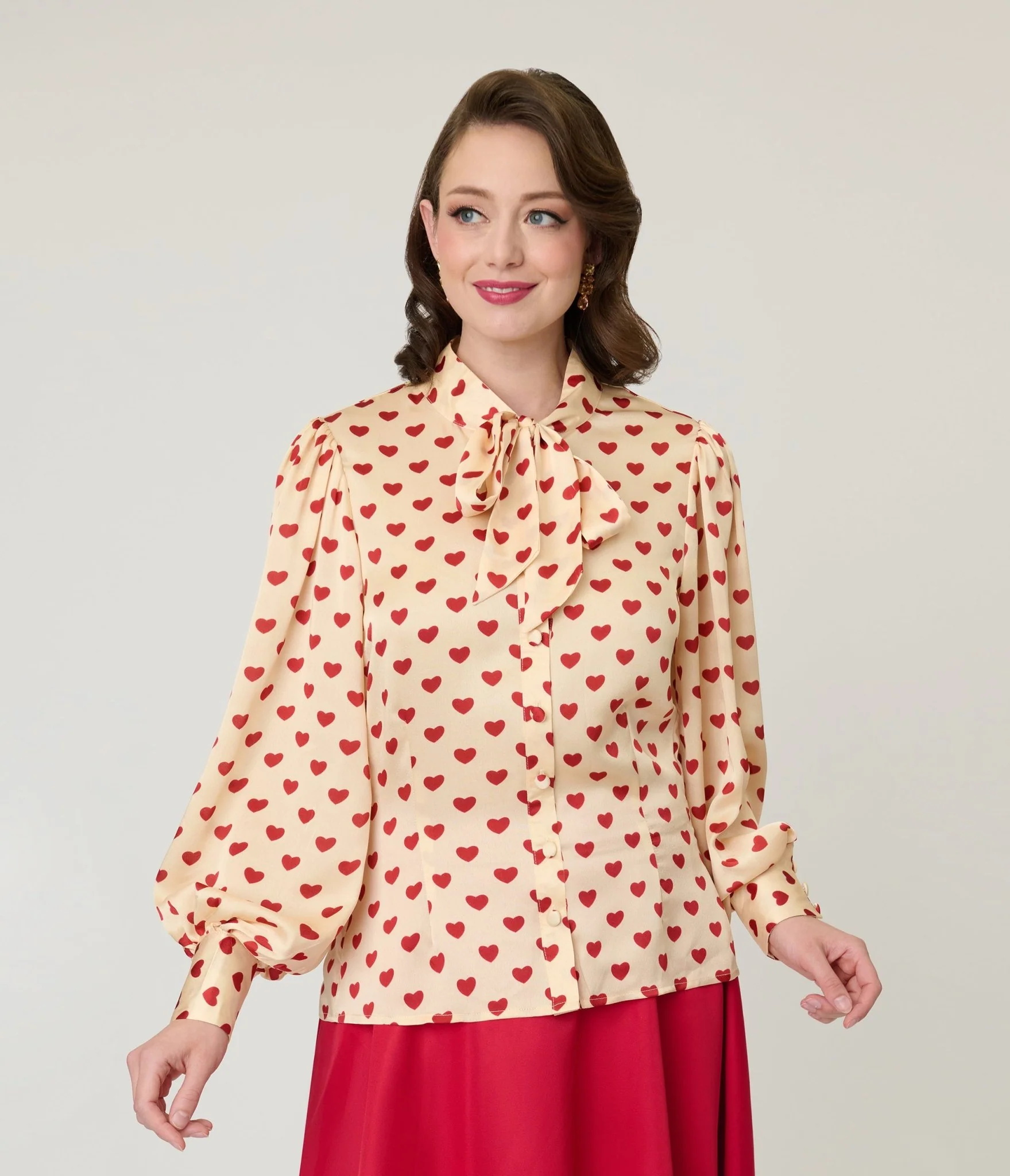 Unique Vintage Champagne & Red Hearts Long Sleeve Gwen Blouse - Image 3