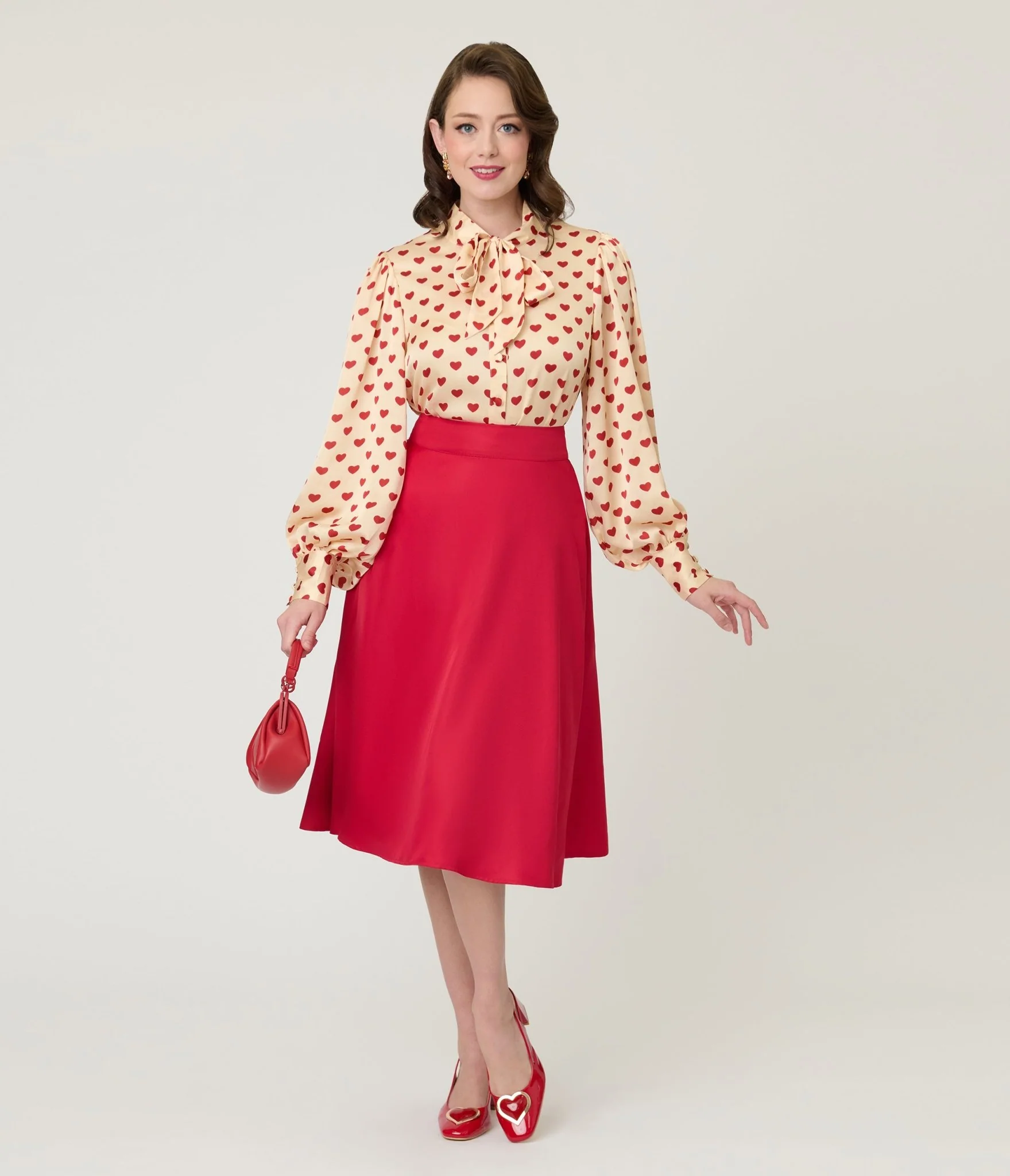 Unique Vintage Champagne & Red Hearts Long Sleeve Gwen Blouse - Image 4
