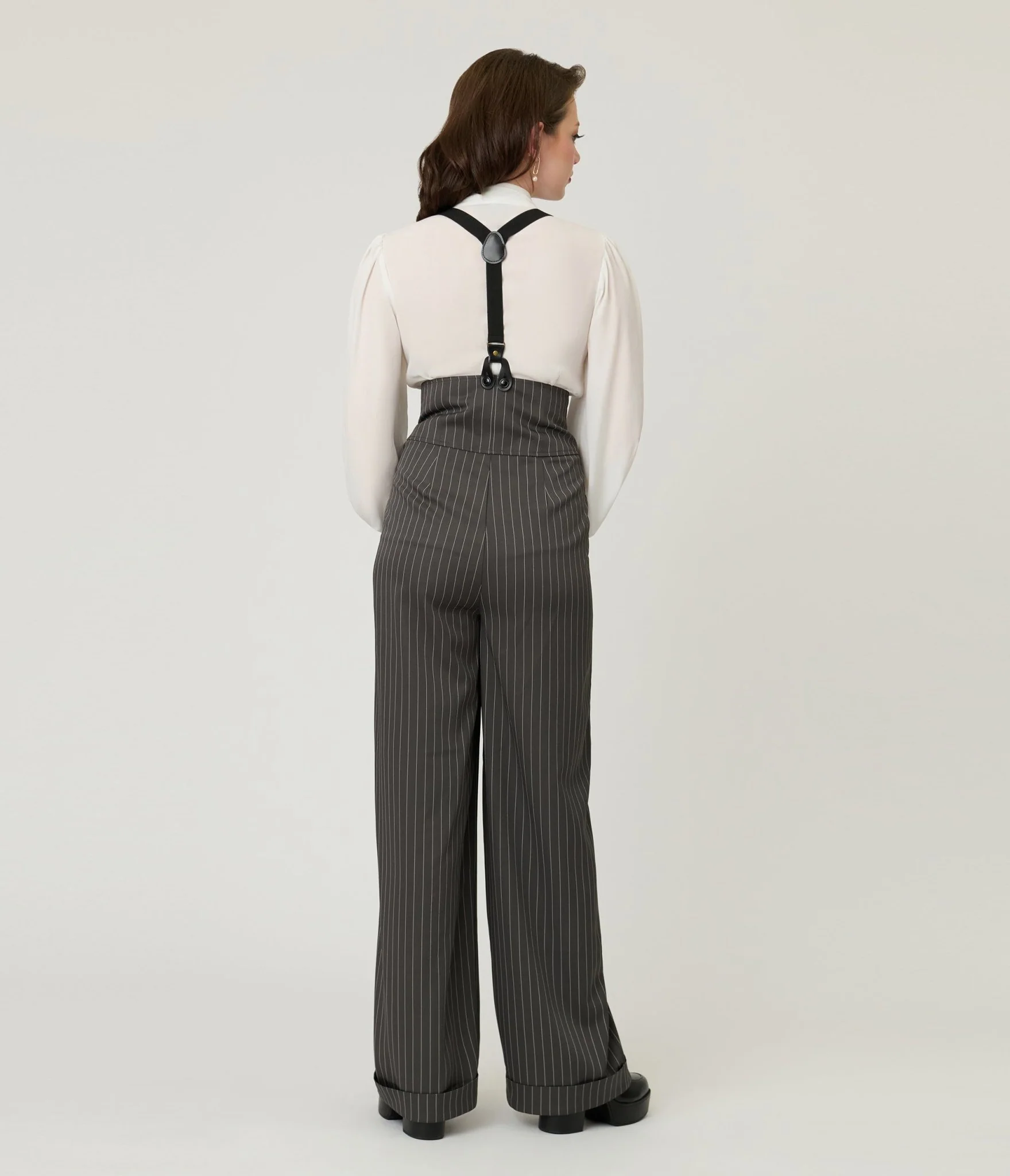 Unique Vintage Charcoal Pinstripe Thelma Suspender Pants - Image 2