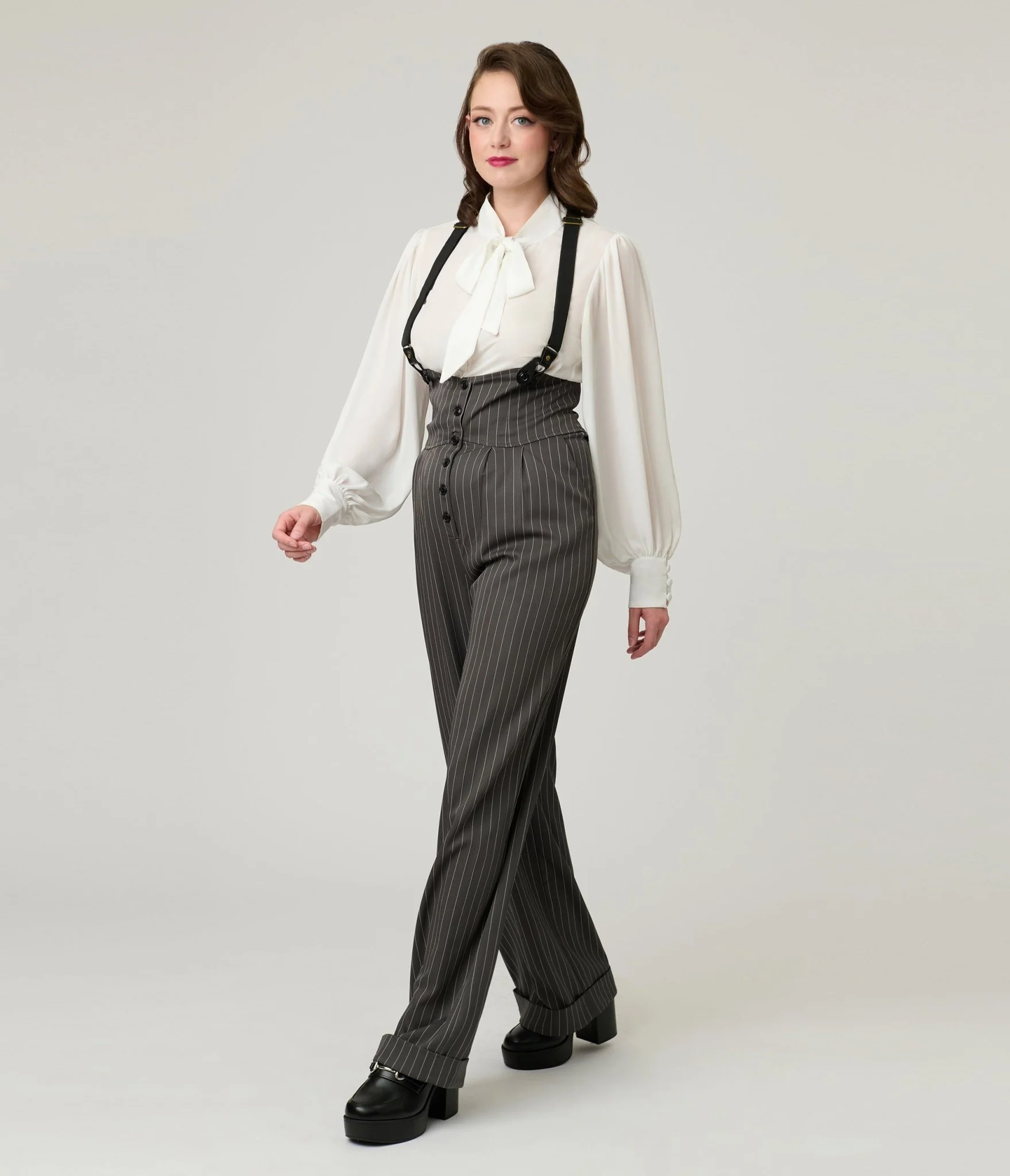 Unique Vintage Charcoal Pinstripe Thelma Suspender Pants - Image 3