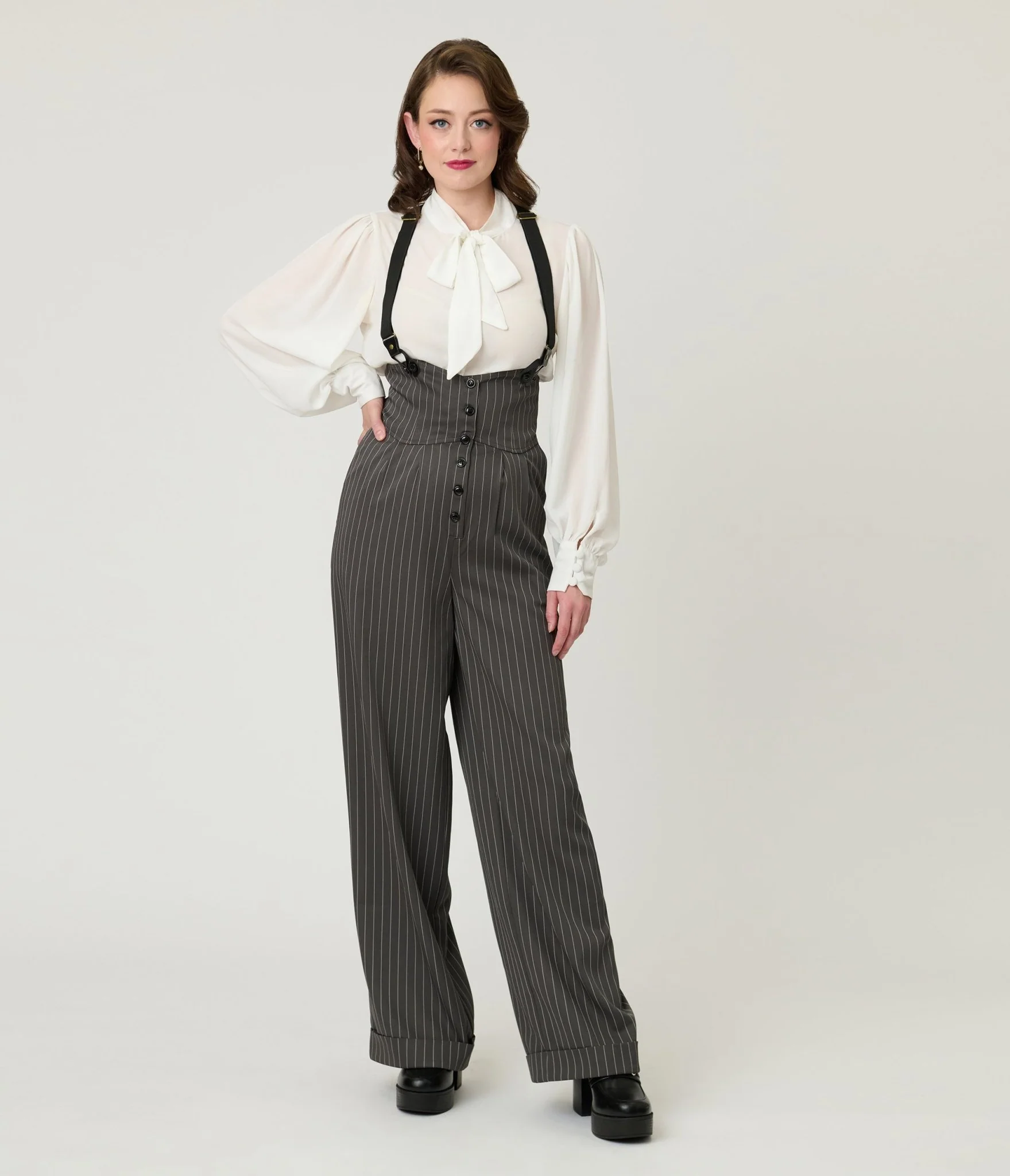 Unique Vintage Charcoal Pinstripe Thelma Suspender Pants - Image 4