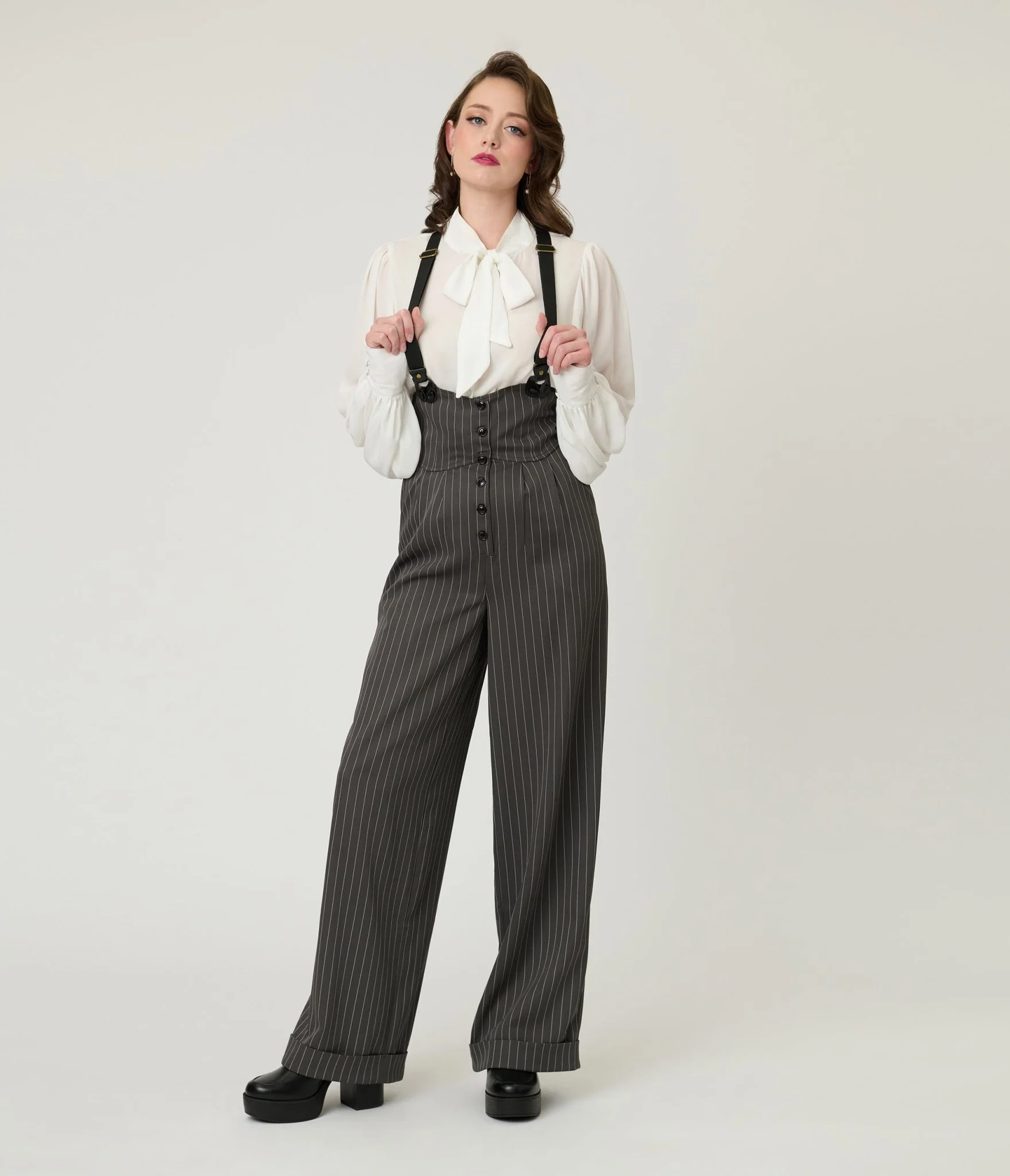 Unique Vintage Charcoal Pinstripe Thelma Suspender Pants - Image 5