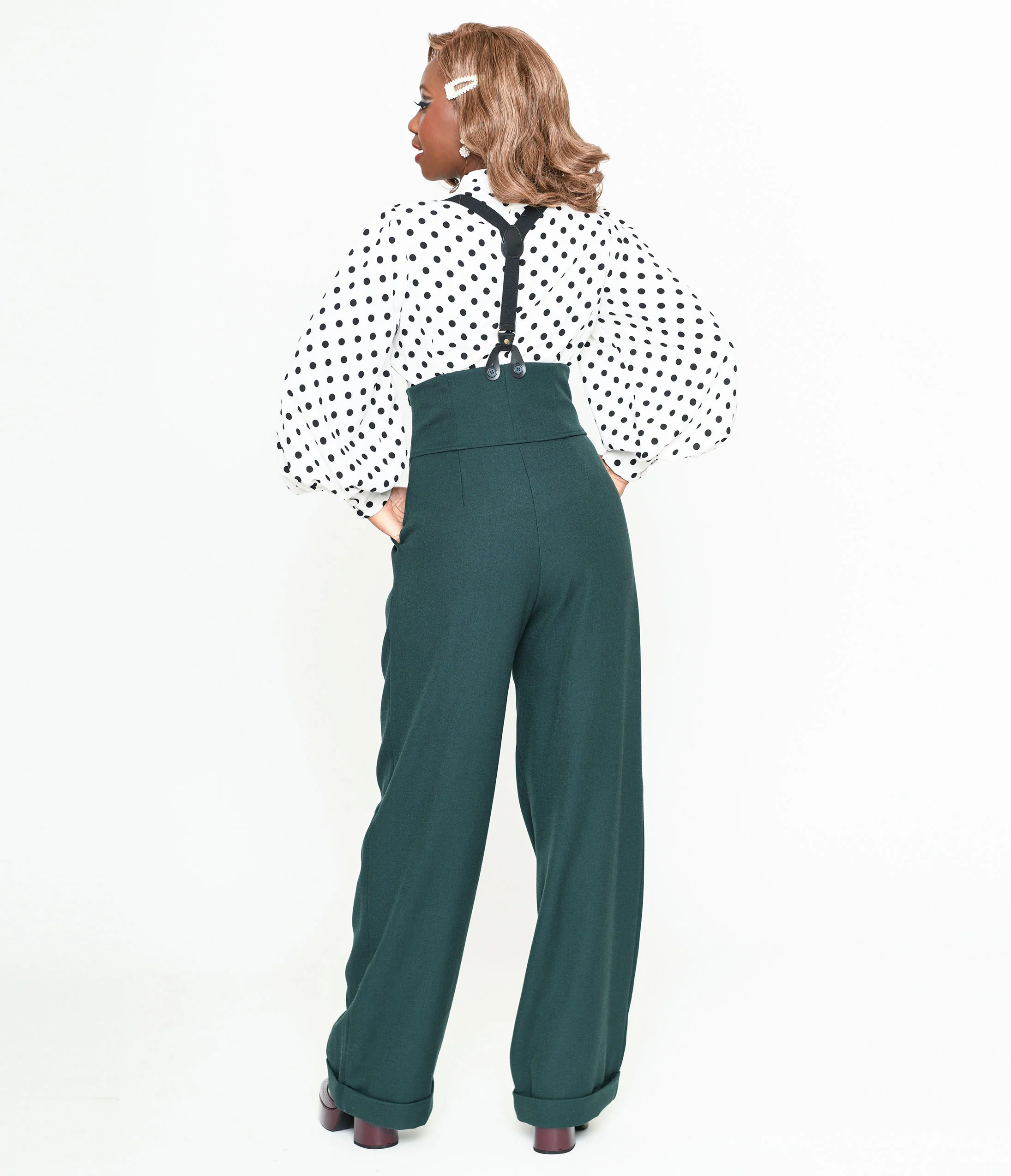 Unique Vintage Dark Emerald Thelma Suspender Pants - Image 3