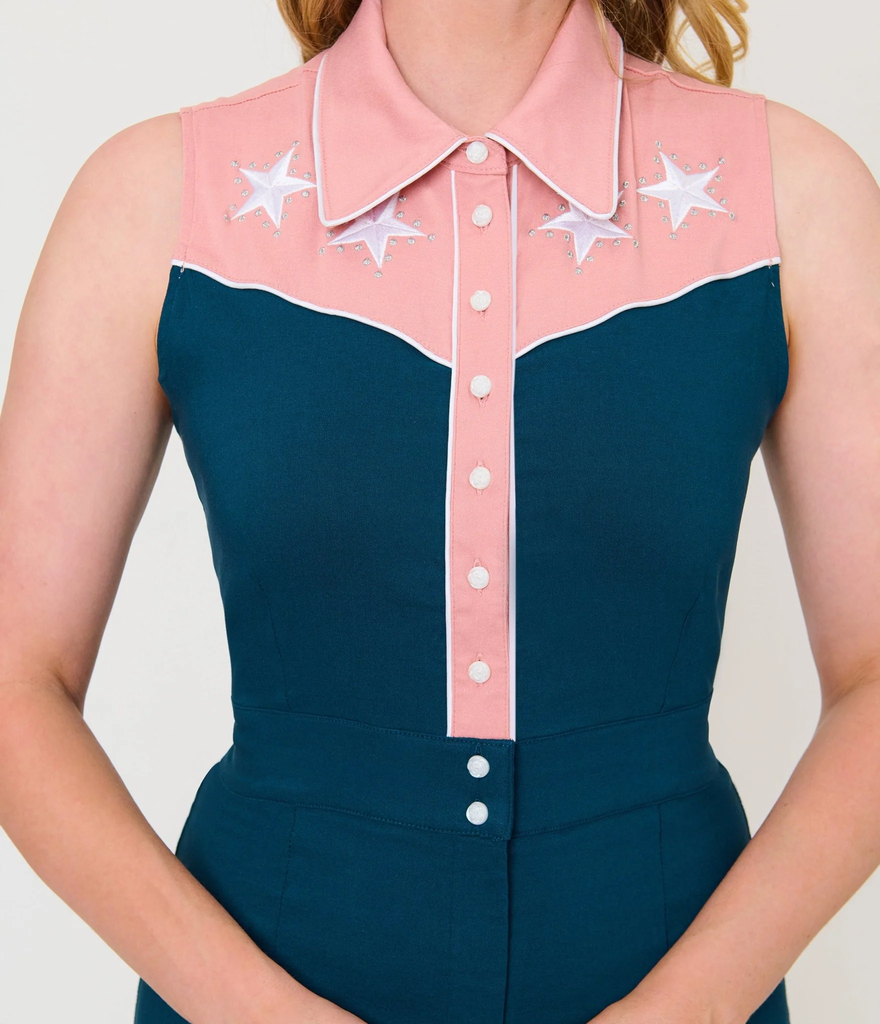 Unique Vintage Dark Teal & Pink Rodeo Ready Romper - Image 4
