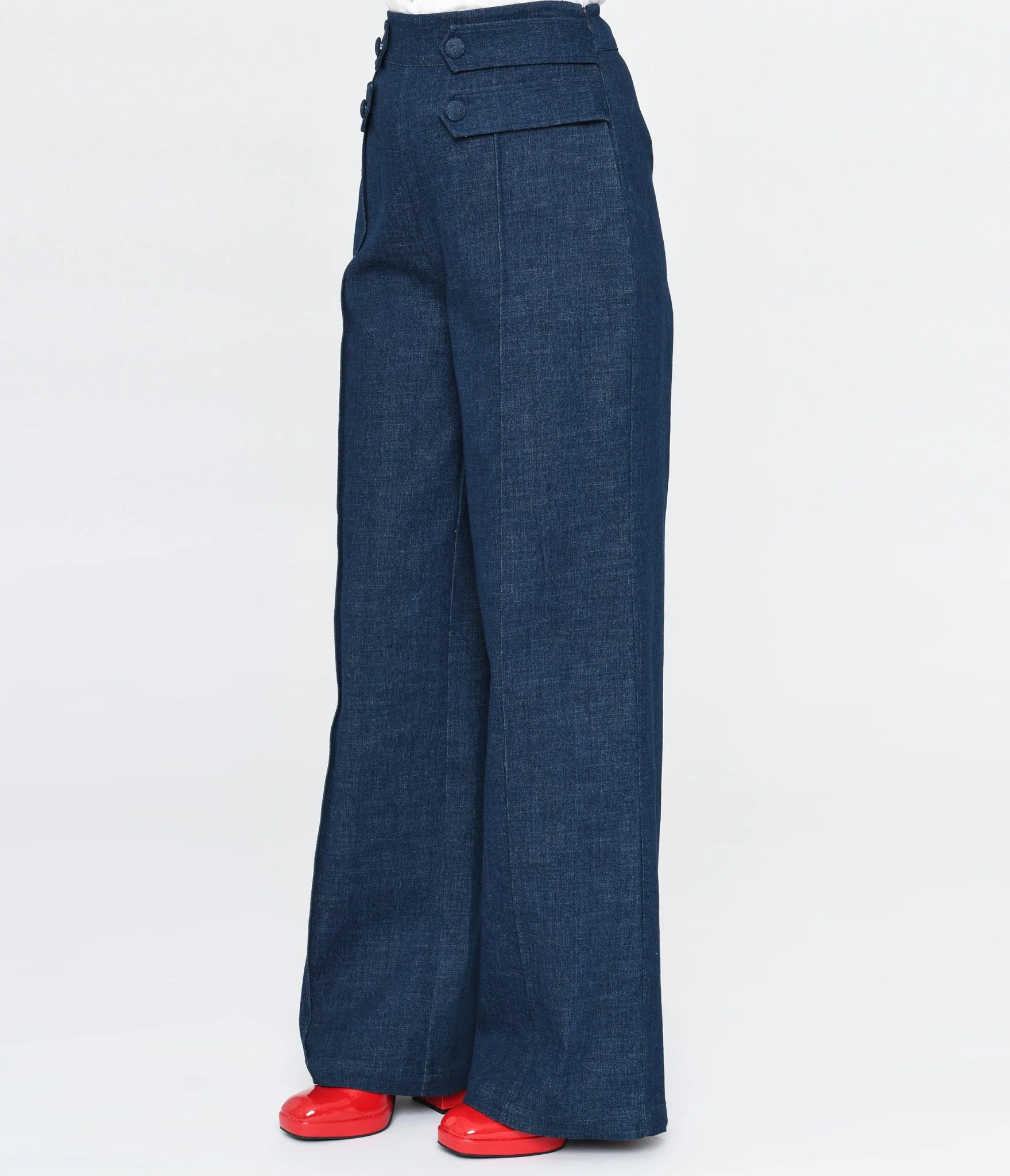 Unique Vintage 1940s Denim High Waist Wide Leg Tab Pants - Image 2