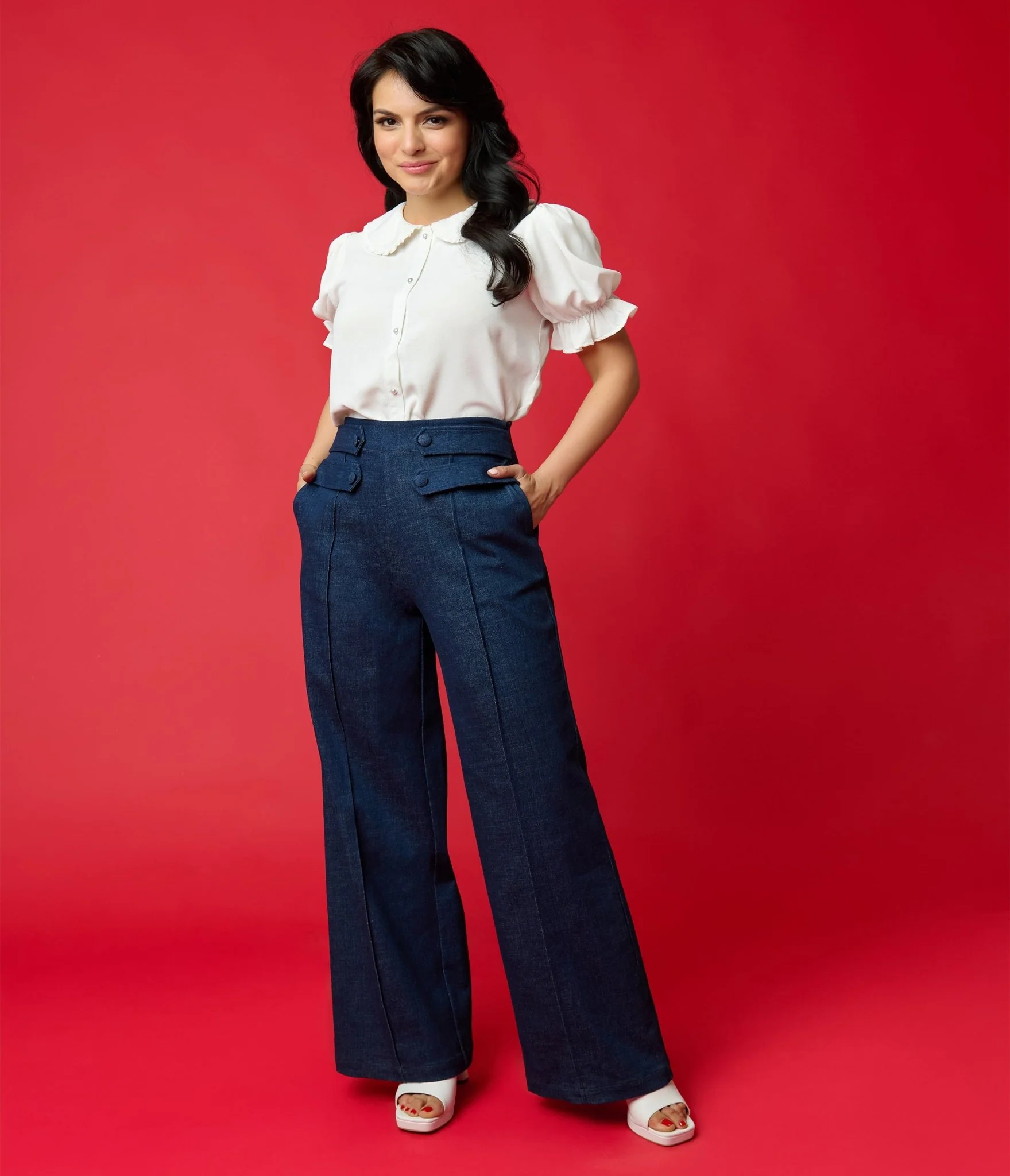 Unique Vintage 1940s Denim High Waist Wide Leg Tab Pants - Image 3