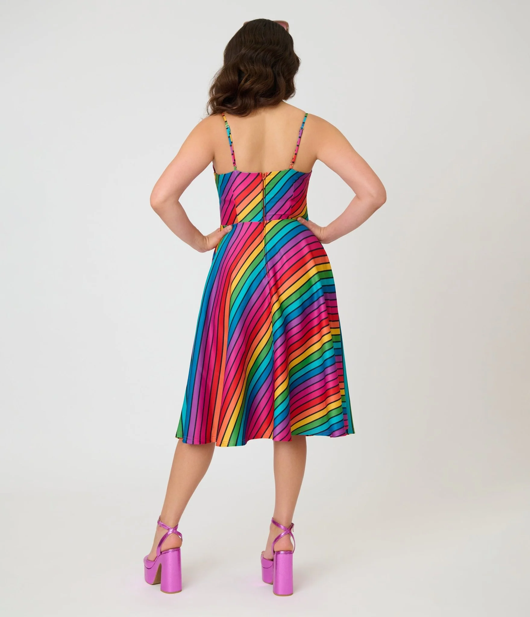 Unique Vintage Diagonal Rainbow Stripe Spaghetti Strap Midi Dress - Image 2