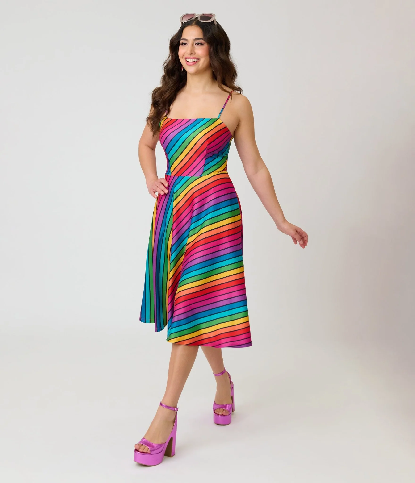 Unique Vintage Diagonal Rainbow Stripe Spaghetti Strap Midi Dress - Image 3