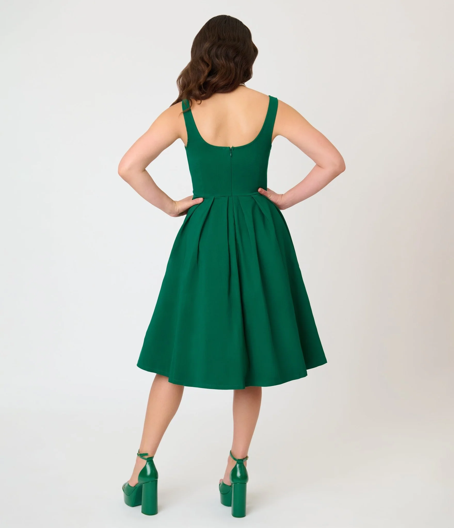 Unique Vintage Emerald Green Square Neck Pleated Swing Dress - Image 2