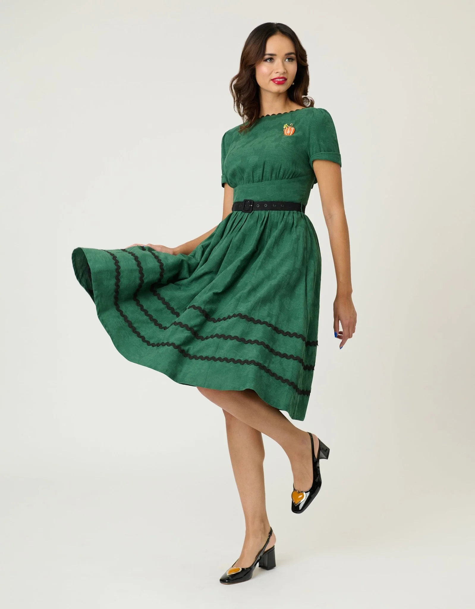 Unique Vintage Emerald Cotton Jaquard Swing Dress