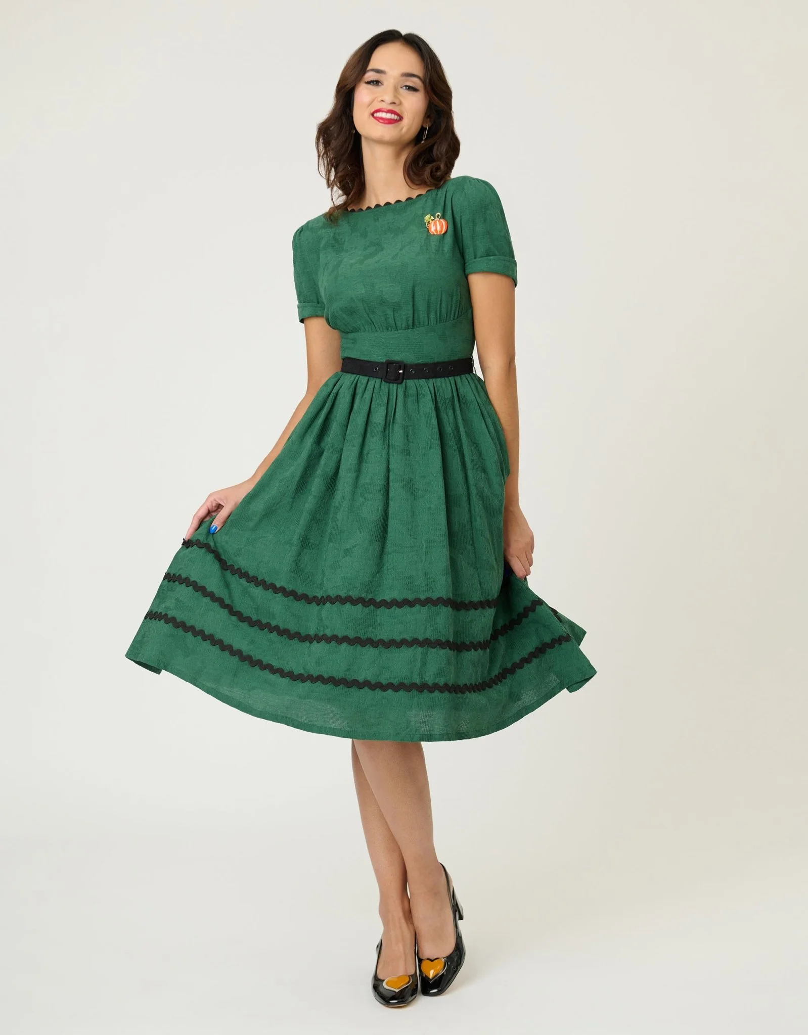 Unique Vintage Emerald Cotton Jaquard Swing Dress - Image 3