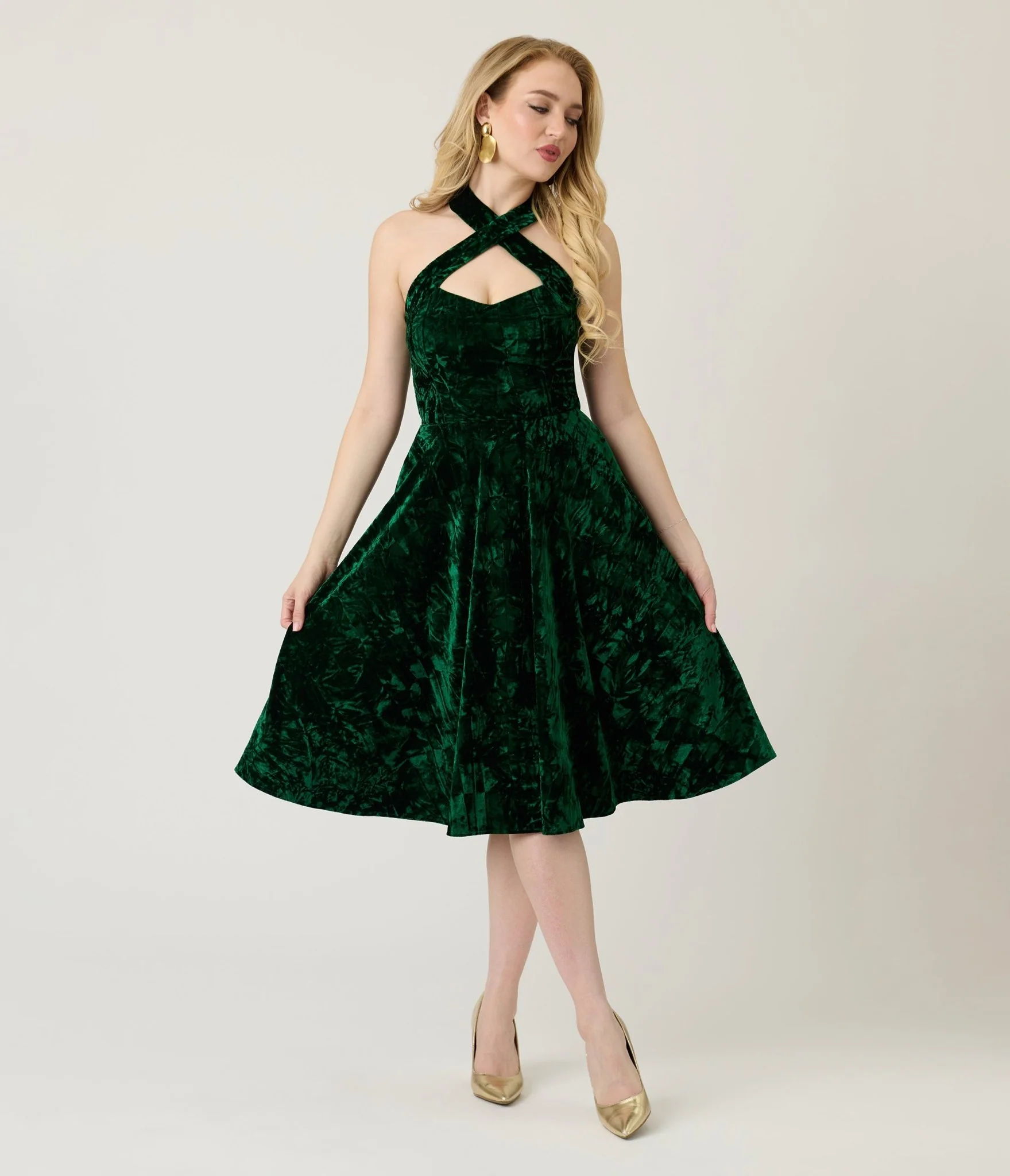 Unique Vintage Emerald Velvet Criss Cross Halter Rita Flare Dress
