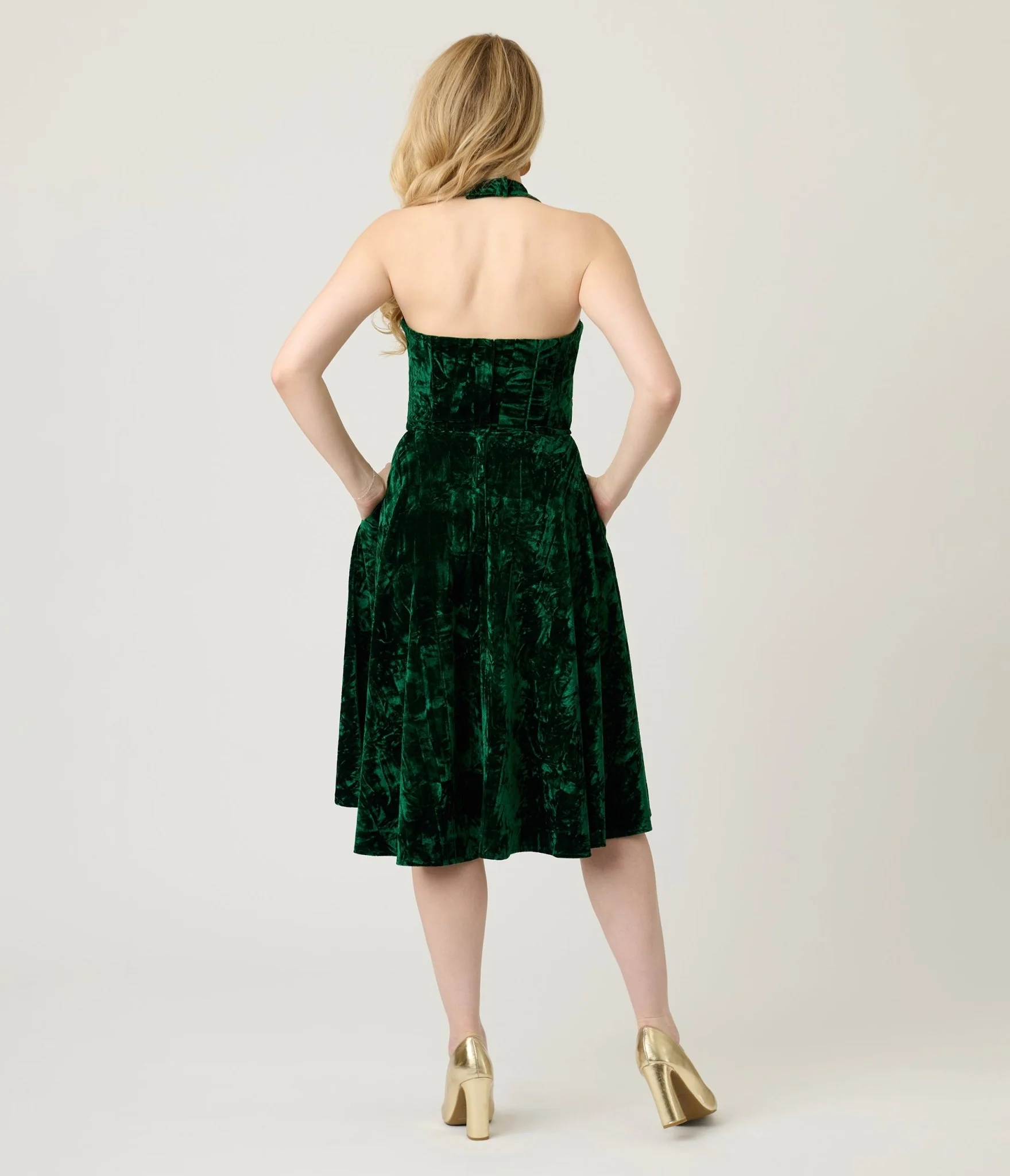 Unique Vintage Emerald Velvet Criss Cross Halter Rita Flare Dress - Image 2
