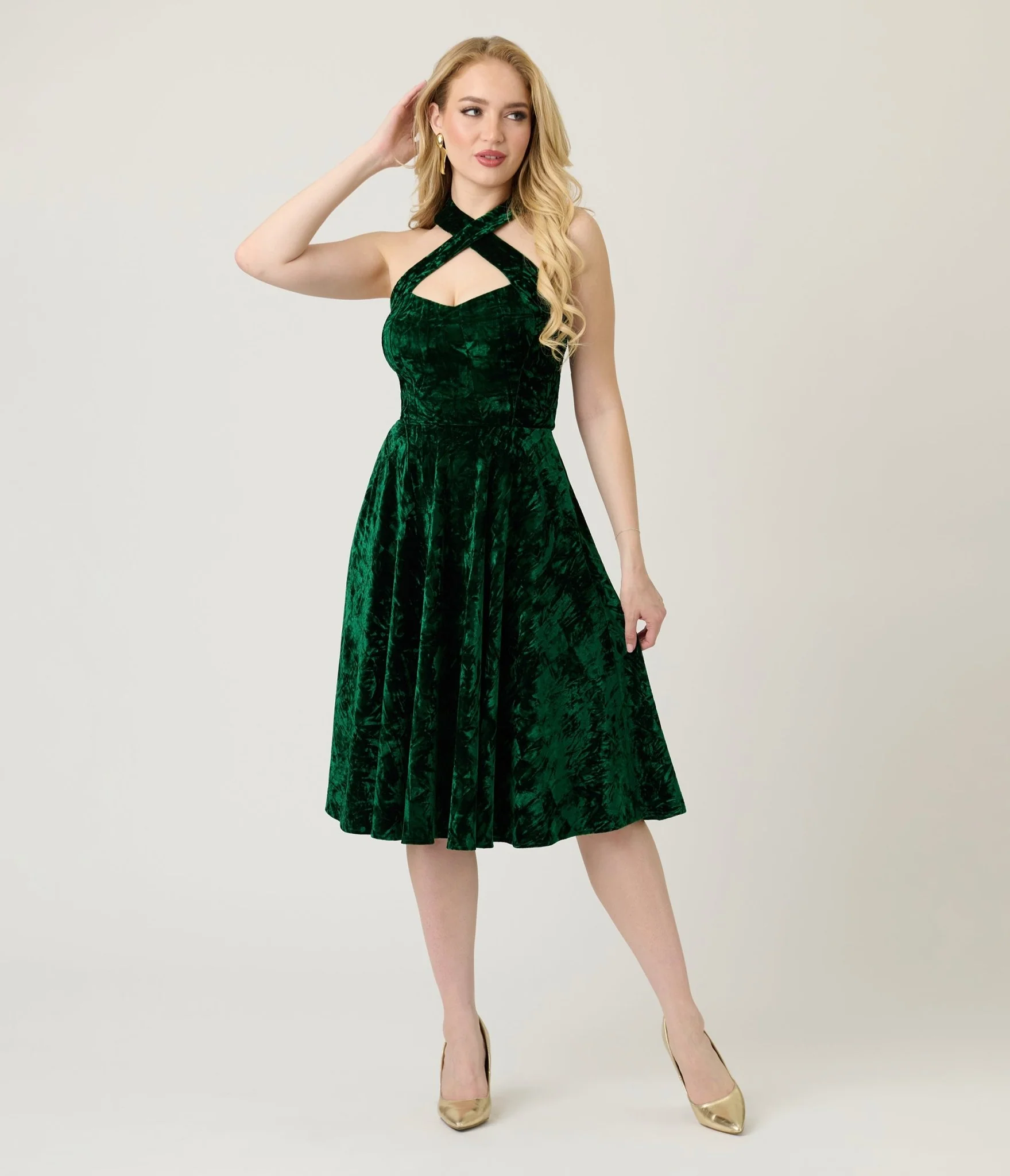 Unique Vintage Emerald Velvet Criss Cross Halter Rita Flare Dress - Image 3