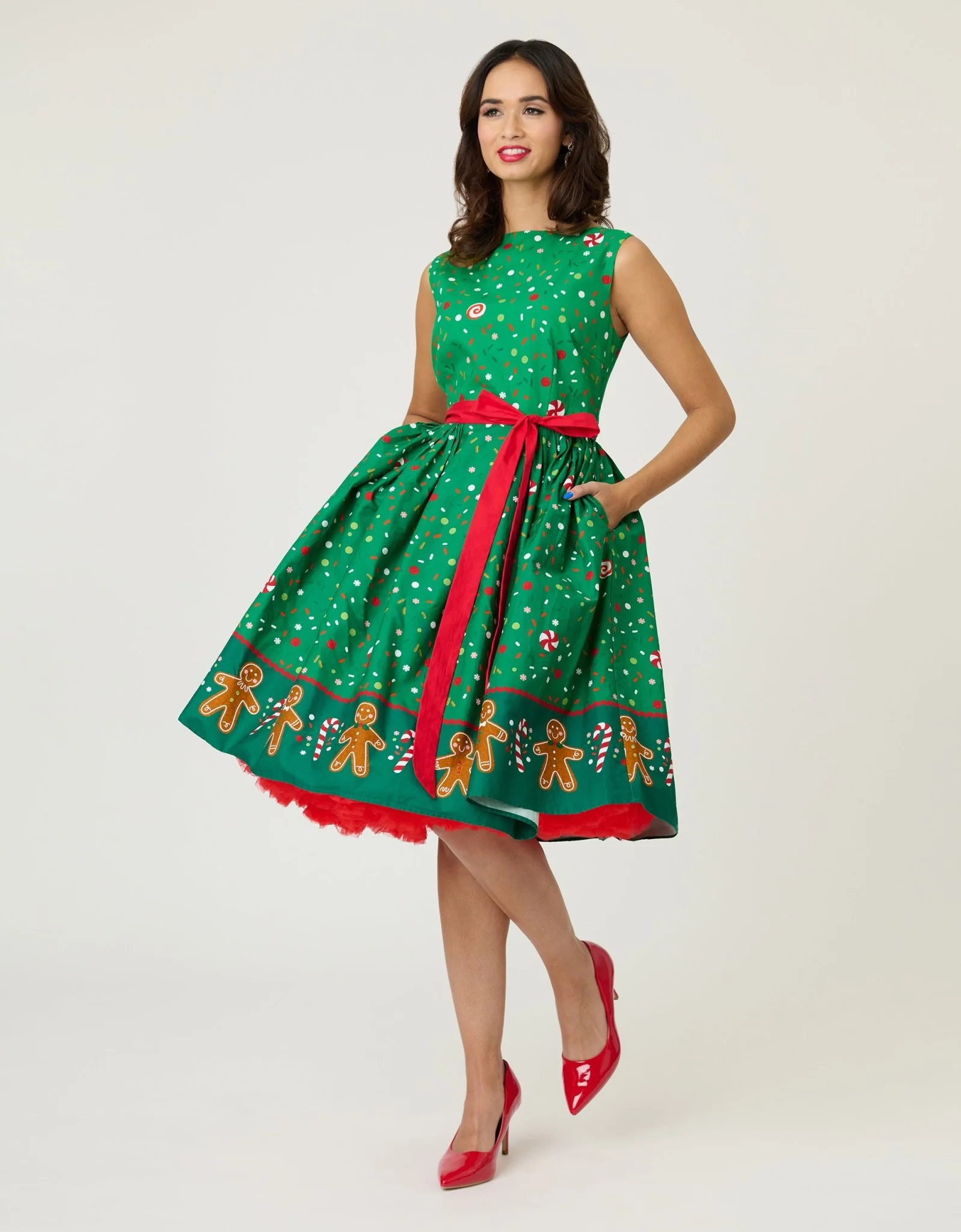 Unique Vintage Gingerbread Man Border Print Sleeveless Cotton Swing Dress