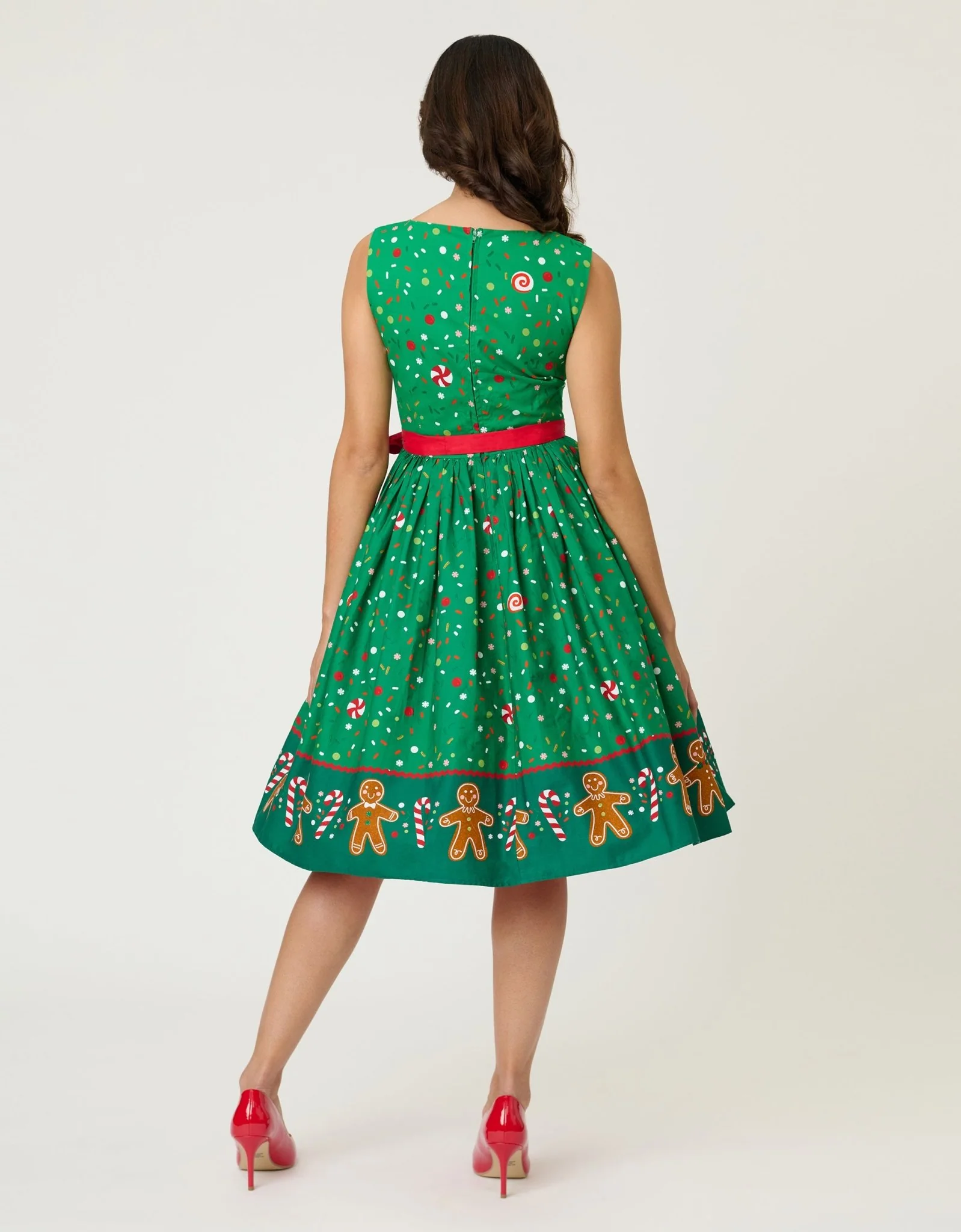 Unique Vintage Gingerbread Man Border Print Sleeveless Cotton Swing Dress - Image 2