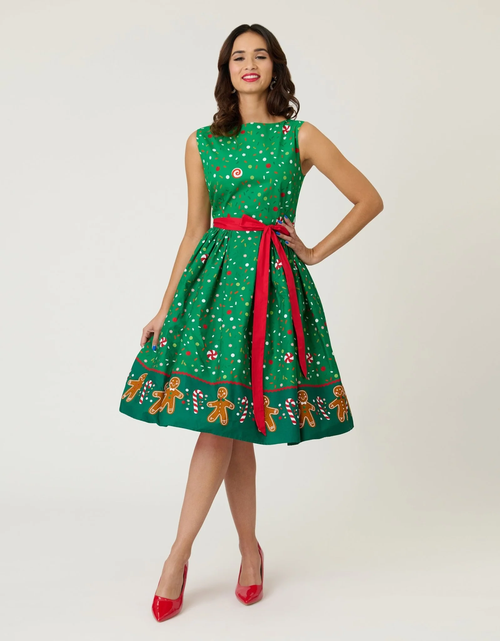 Unique Vintage Gingerbread Man Border Print Sleeveless Cotton Swing Dress - Image 3