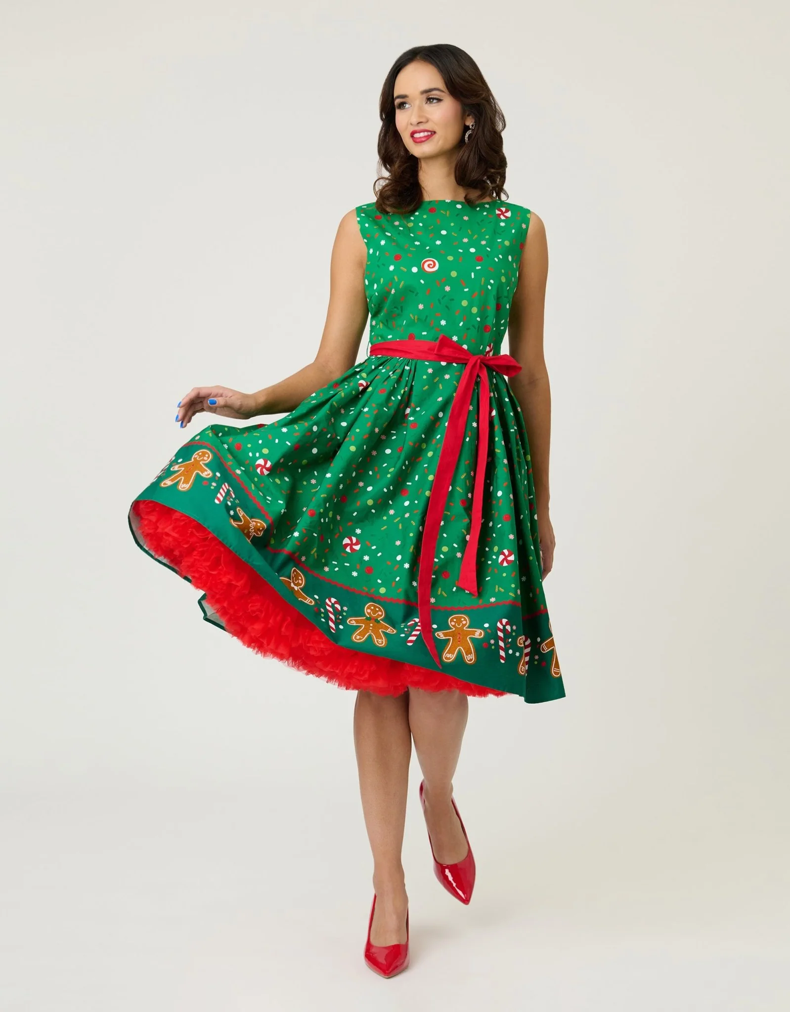 Unique Vintage Gingerbread Man Border Print Sleeveless Cotton Swing Dress - Image 4