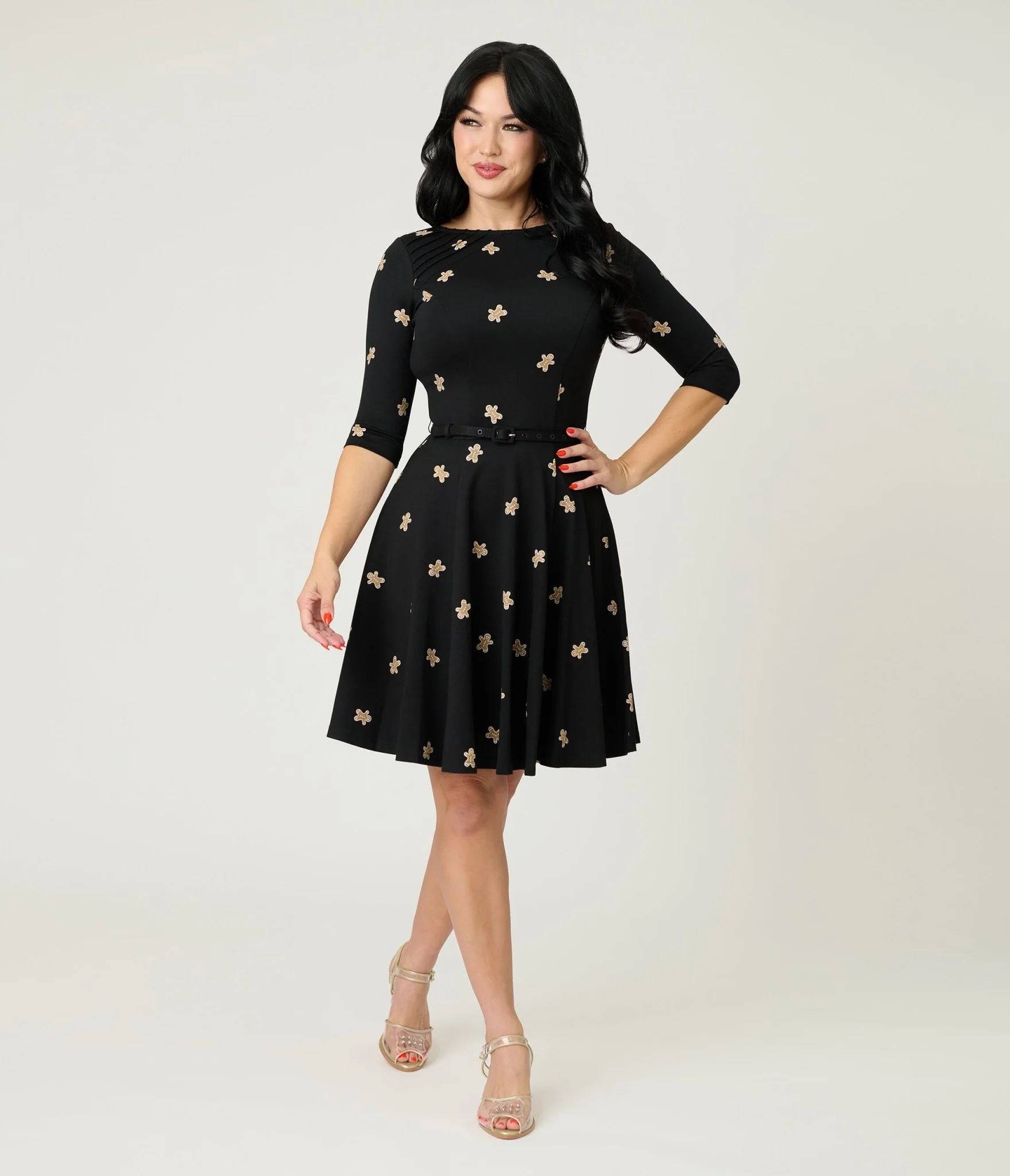 Unique Vintage Gingerbread Man Print Stephanie Fit & Flare Dress