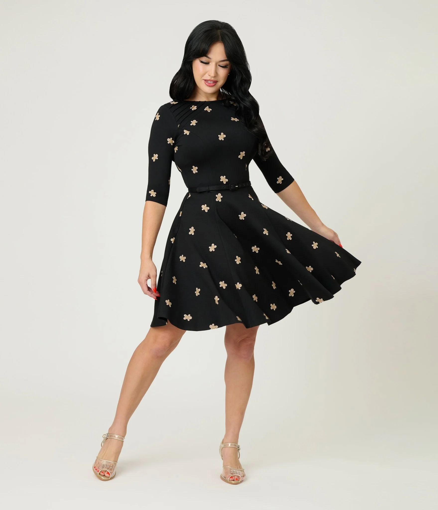 Unique Vintage Gingerbread Man Print Stephanie Fit & Flare Dress - Image 3