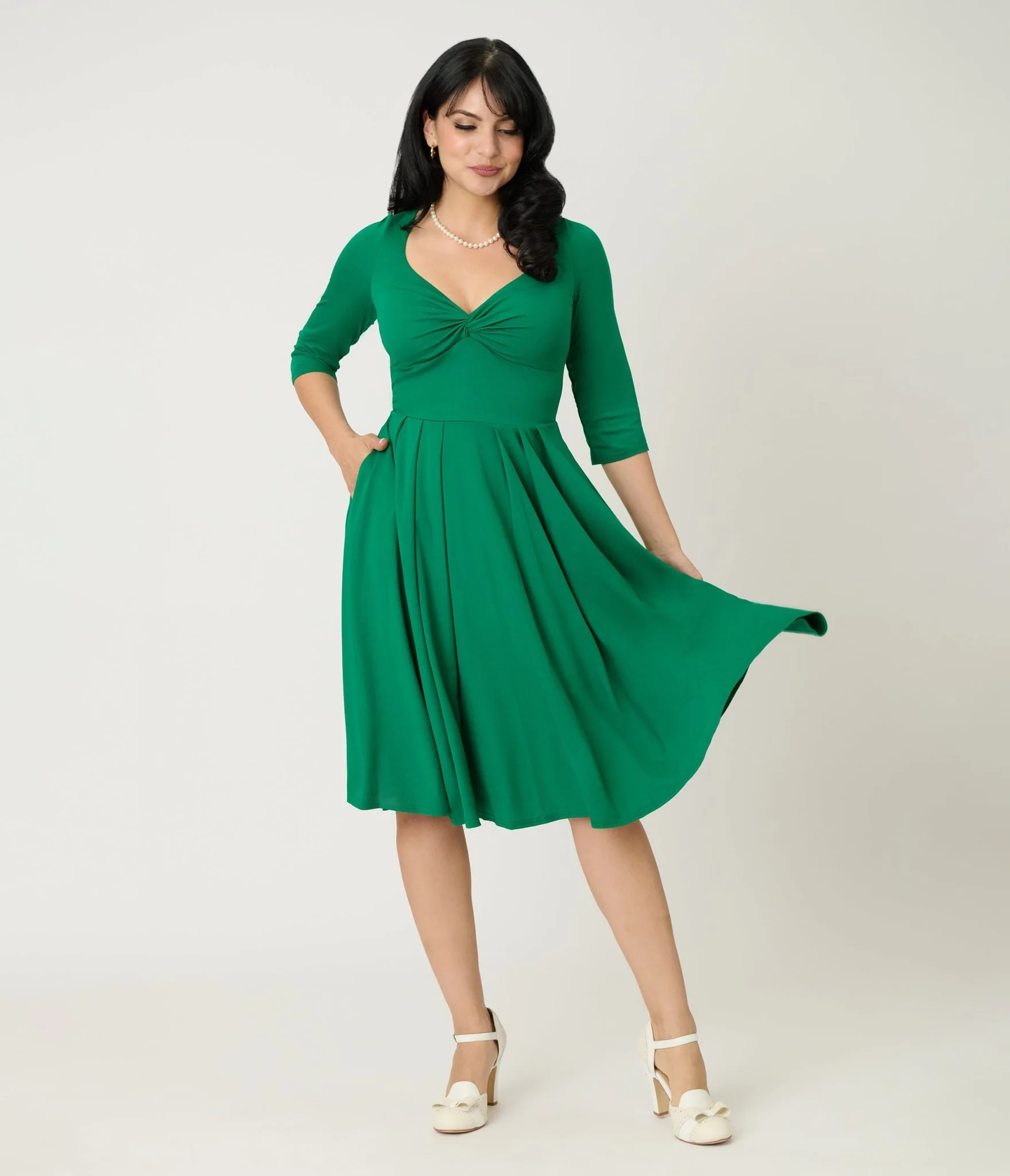 Unique Vintage Green Bengaline Front Twist Swing Dress