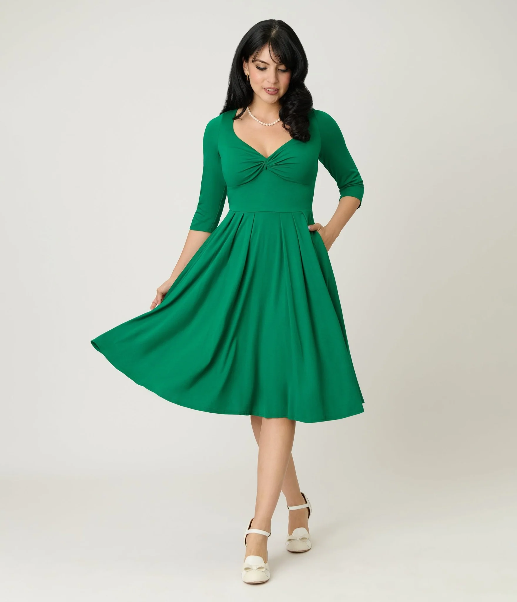 Unique Vintage Green Bengaline Front Twist Swing Dress - Image 4