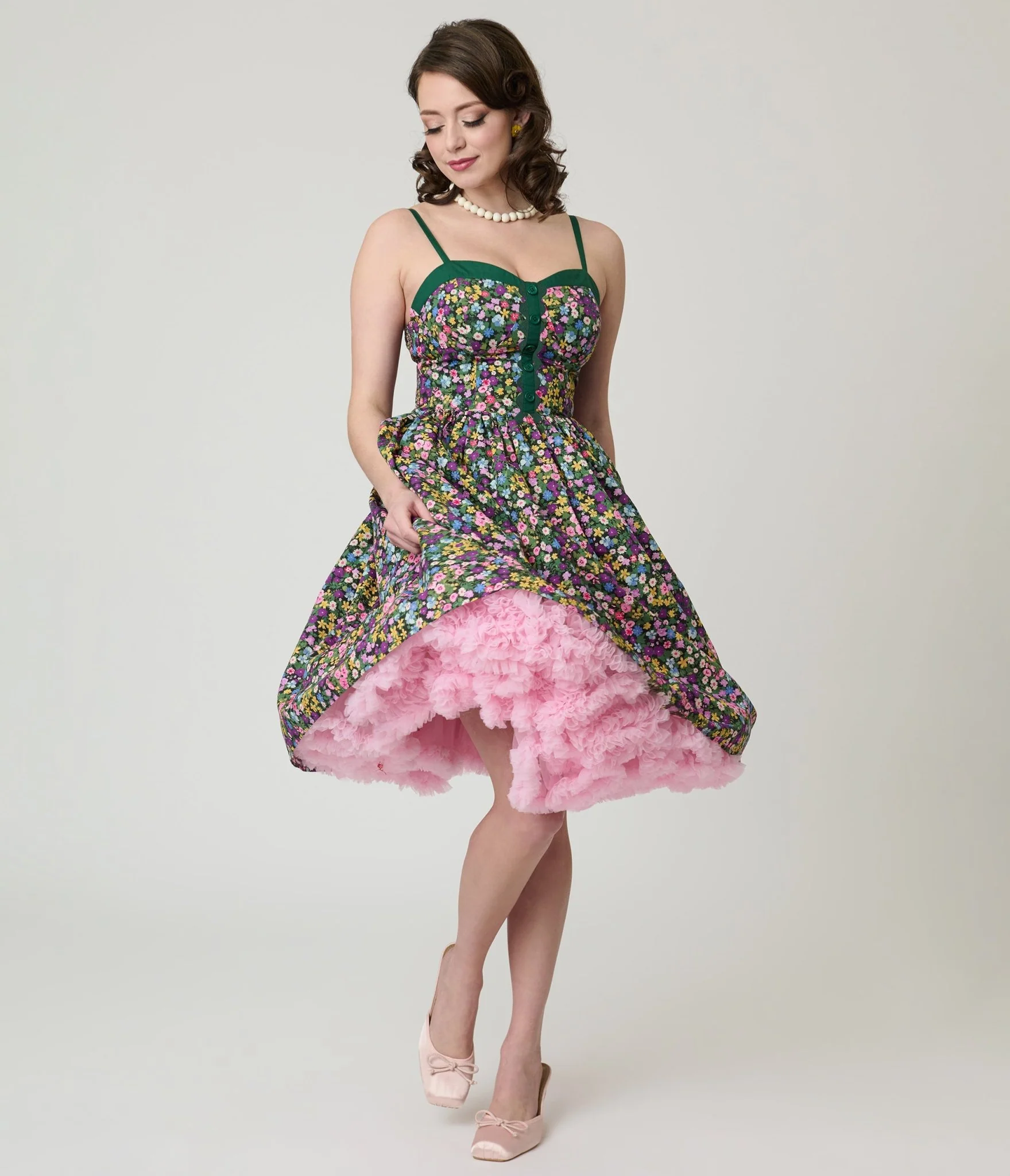 Unique Vintage Green Ditzy Floral Sweetheart Cotton Swing Dress