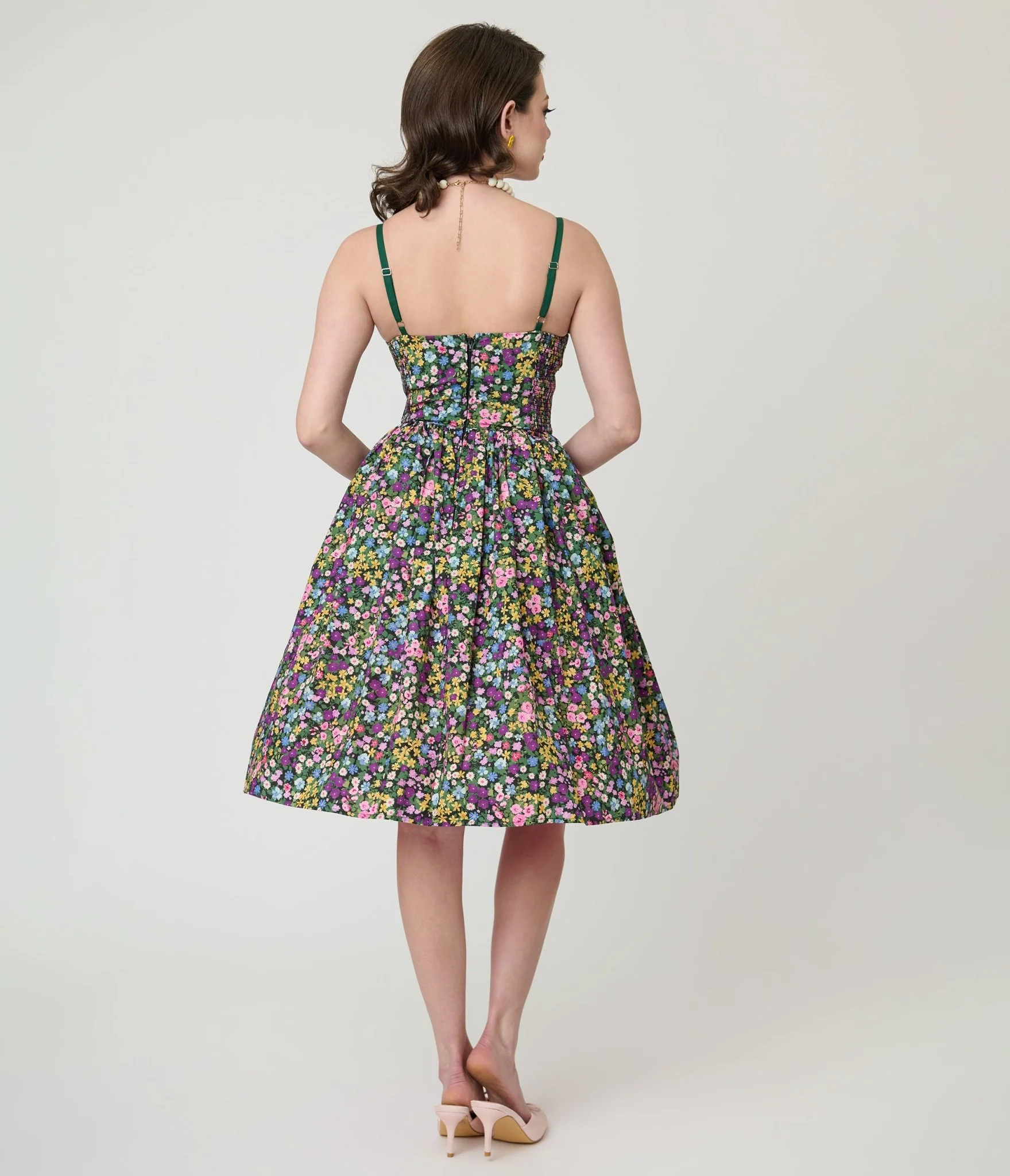 Unique Vintage Green Ditzy Floral Sweetheart Cotton Swing Dress - Image 2