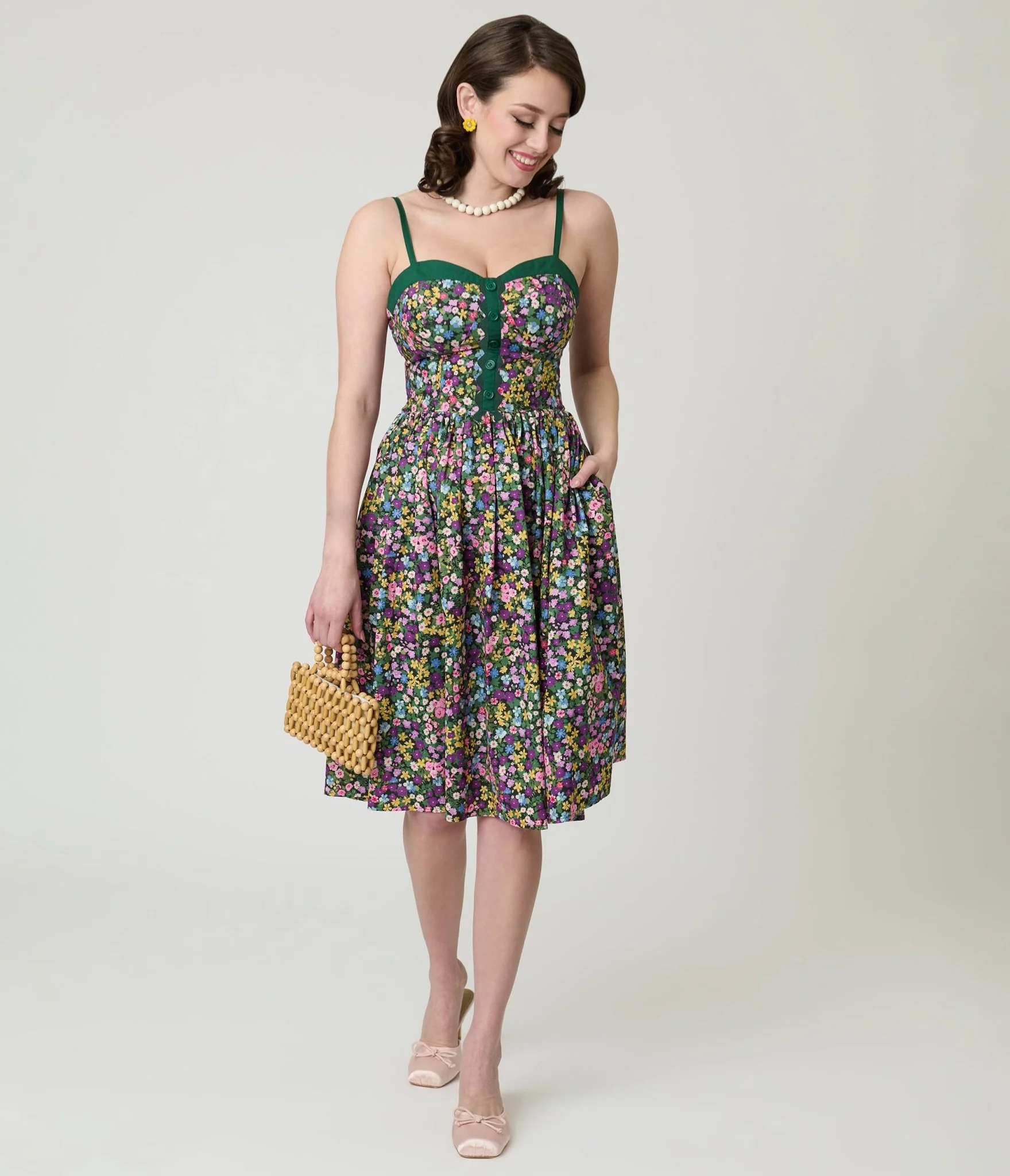 Unique Vintage Green Ditzy Floral Sweetheart Cotton Swing Dress - Image 3