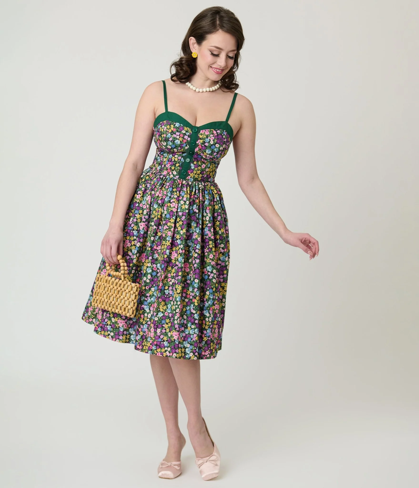 Unique Vintage Green Ditzy Floral Sweetheart Cotton Swing Dress - Image 4