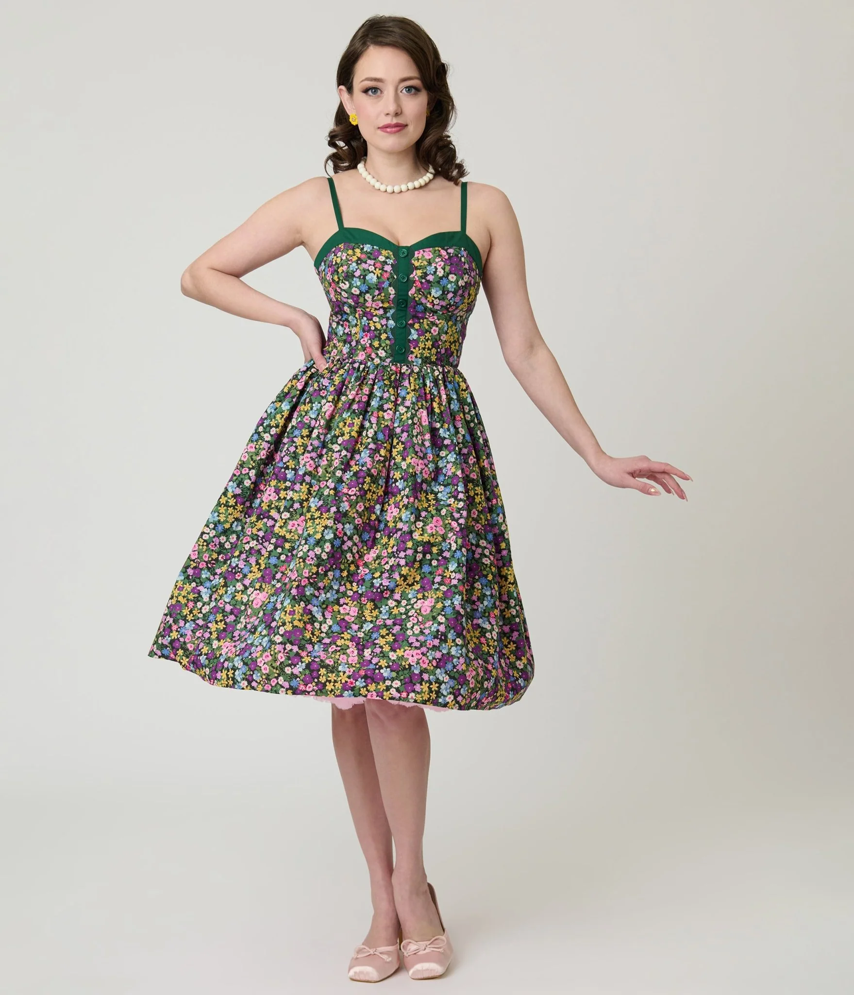 Unique Vintage Green Ditzy Floral Sweetheart Cotton Swing Dress - Image 5