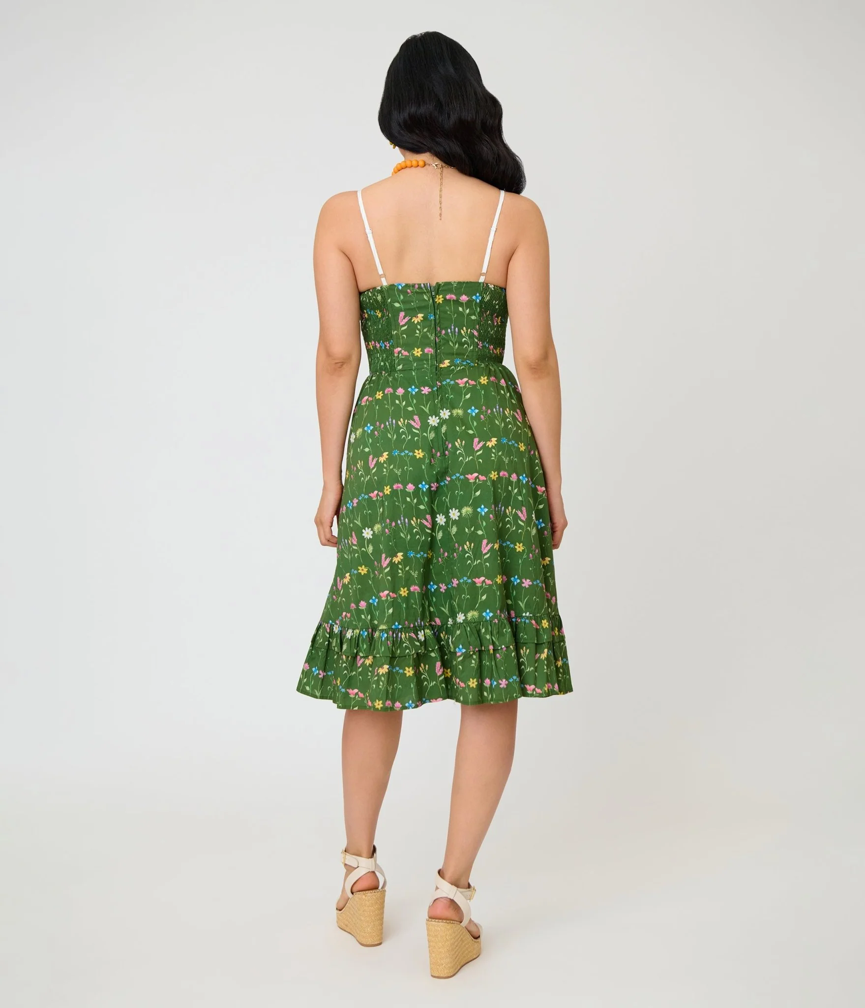 Unique Vintage Green Floral Sweetheart Swing Dress - Image 2