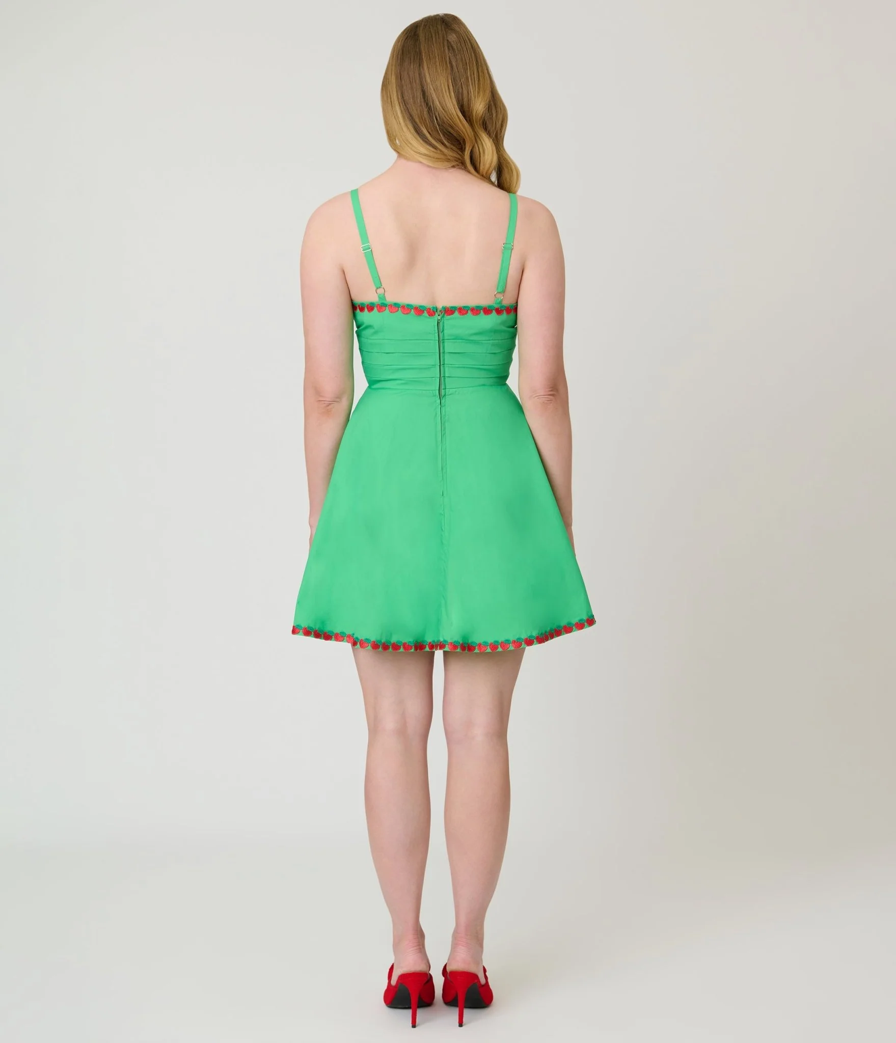 Unique Vintage Green & Fruit Trim Cotton Flare Dress - Image 2