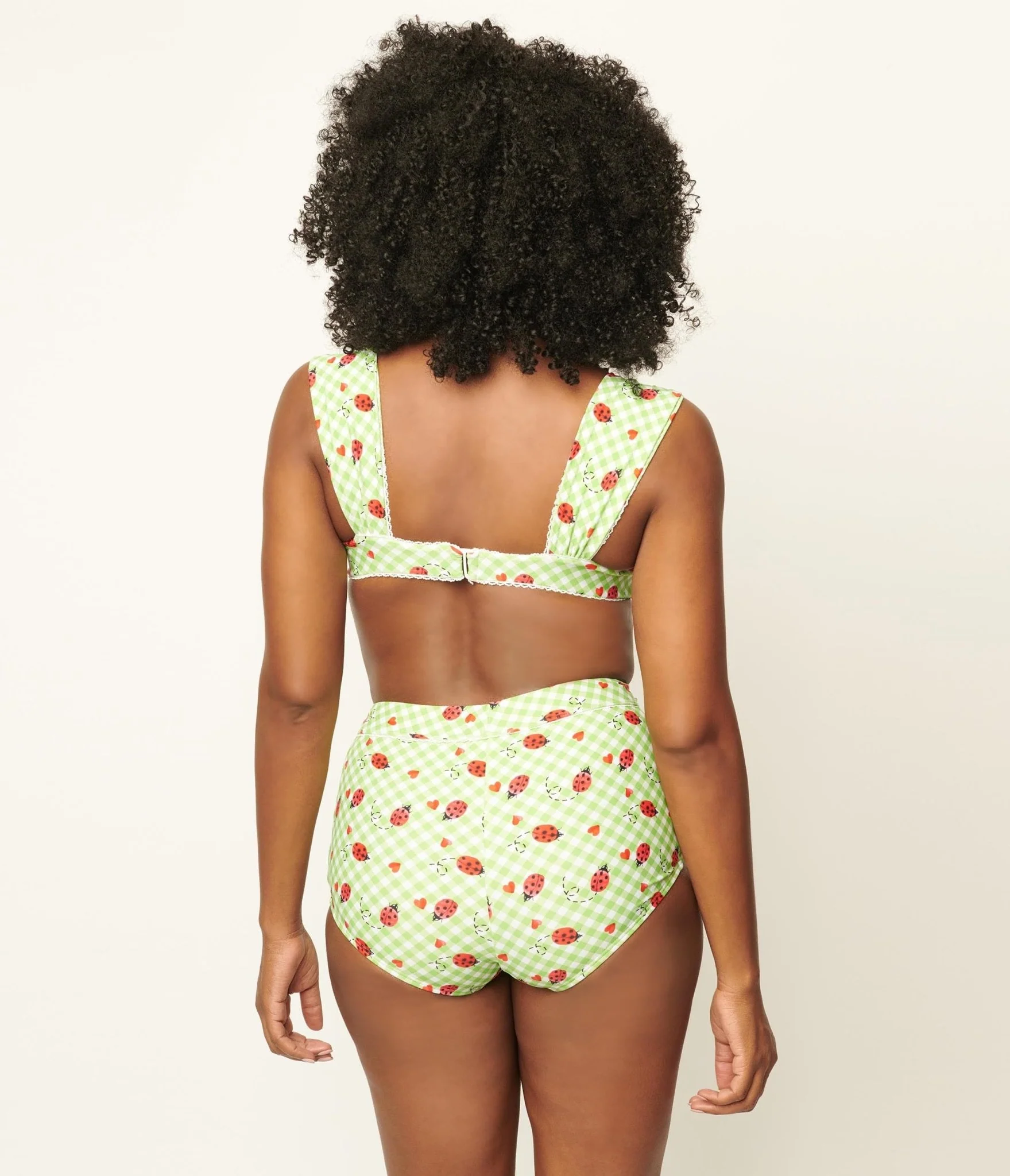 Unique Vintage Green Gingham & Ladybug Print Ruched & Ready Swim Top - Image 2